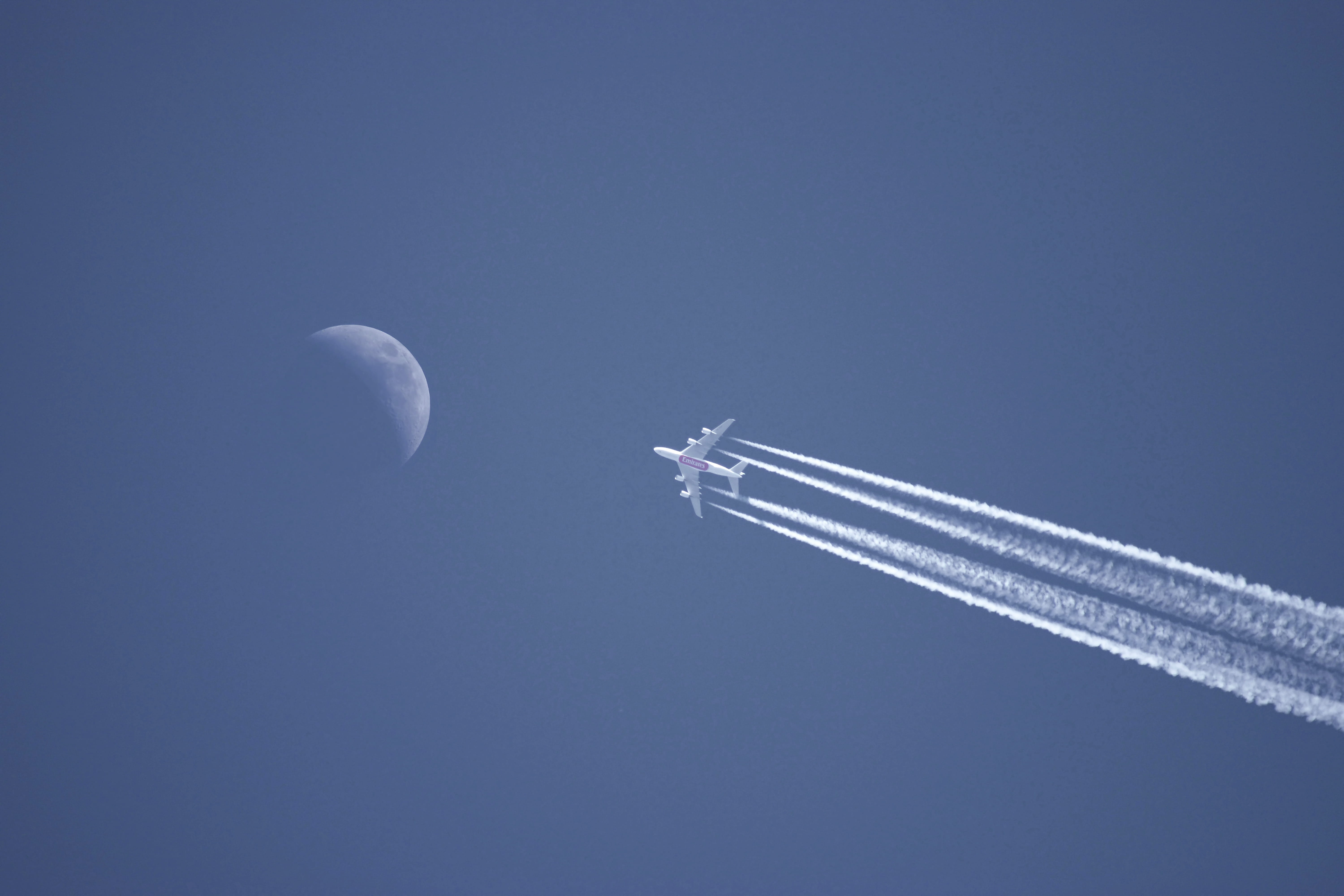 aerobatics, landscape, transportation system, nature, vapor trail, jet, mode of transportation, plane, blue, light, daylight, crescent moon, technology, HD Wallpaper