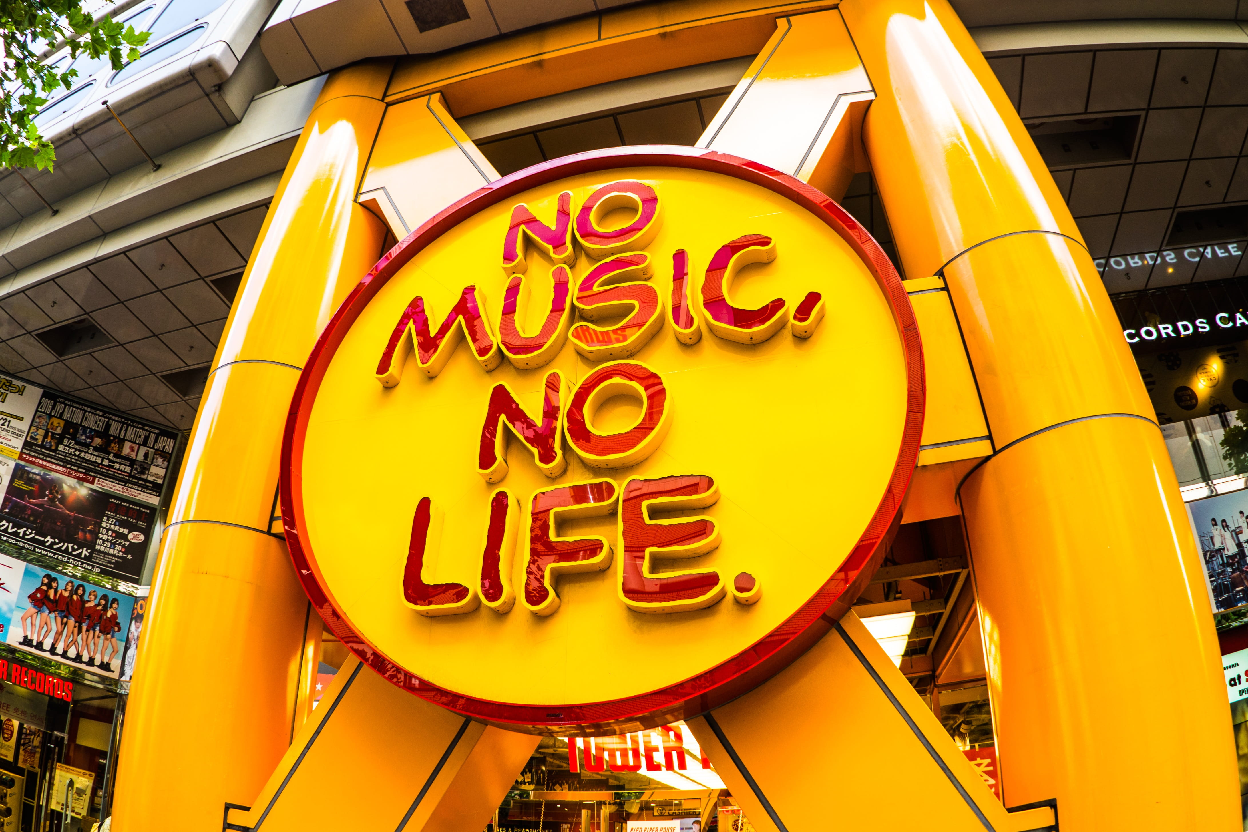 western script, commercial sign, day, 4K, tower records, sign, building exterior, store sign, city, text, outdoors, tower leh code, yellow, neon, shibuya, HD Wallpaper