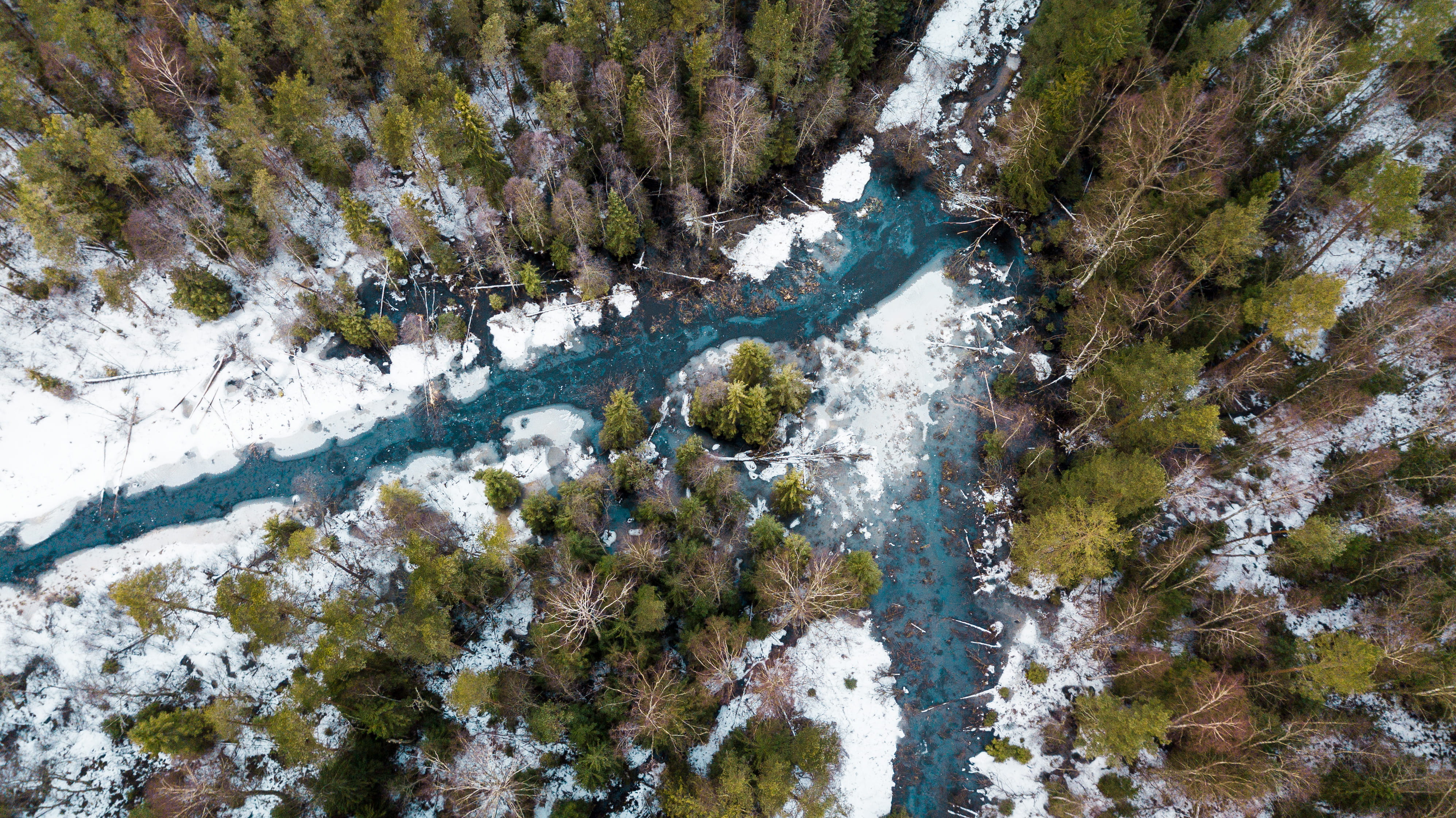 leafed, day, flowing, stream - flowing water, flowing water, daytime, high angle view, no people, river, outdoors, rock - object, plant, aerial view, drone, HD Wallpaper