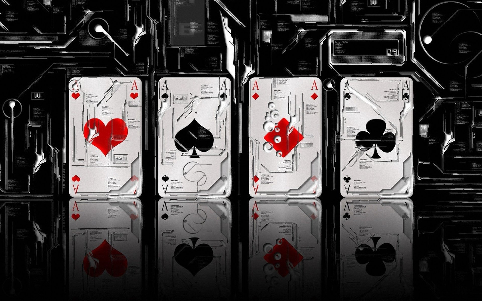 3d, Clubs, 1080P, reflection, spades, heart, Diamonds, playing Cards, Aces, digital art, HD Wallpaper