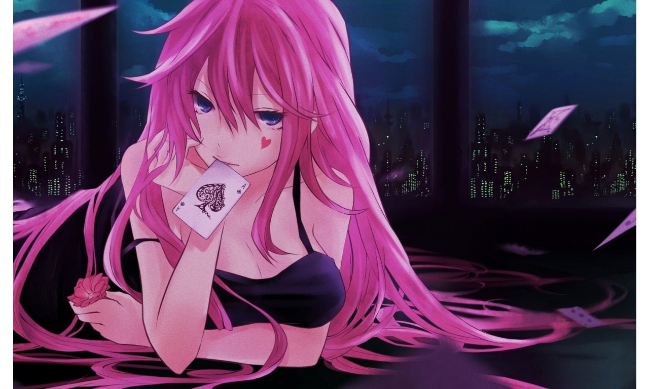 Vocaloid, Luka Megurine, top, spaghetti, Blackjack (Song), wearing, 720P, Anime, Song Illustration, Pink Hair, strap, Girl, black, HD Wallpaper