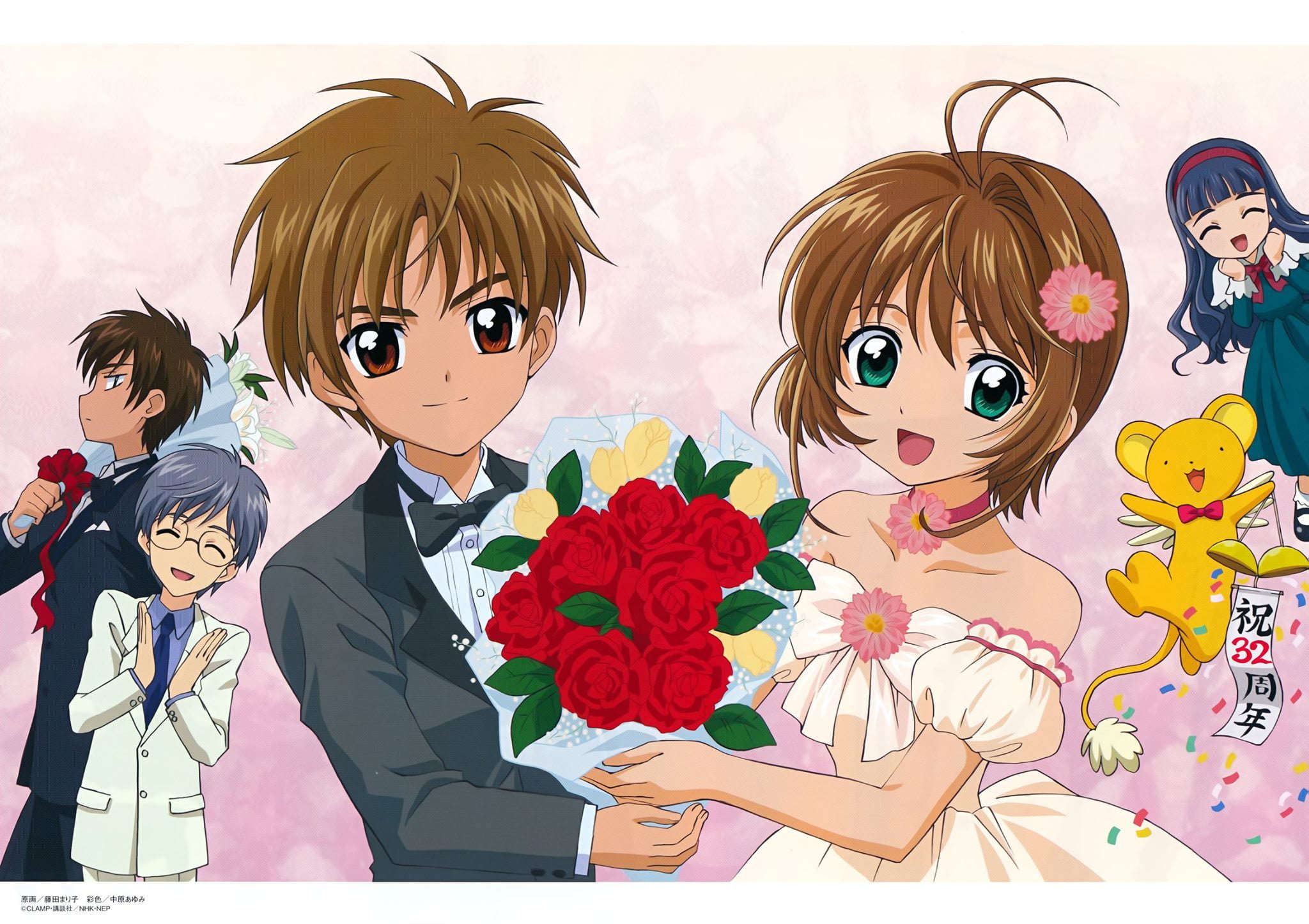 anime, Card Captor Sakura, anime boys, Syaoran Li, anime girls, weddings, suite, Kinomoto Sakura, 1080P, roses, HD Wallpaper