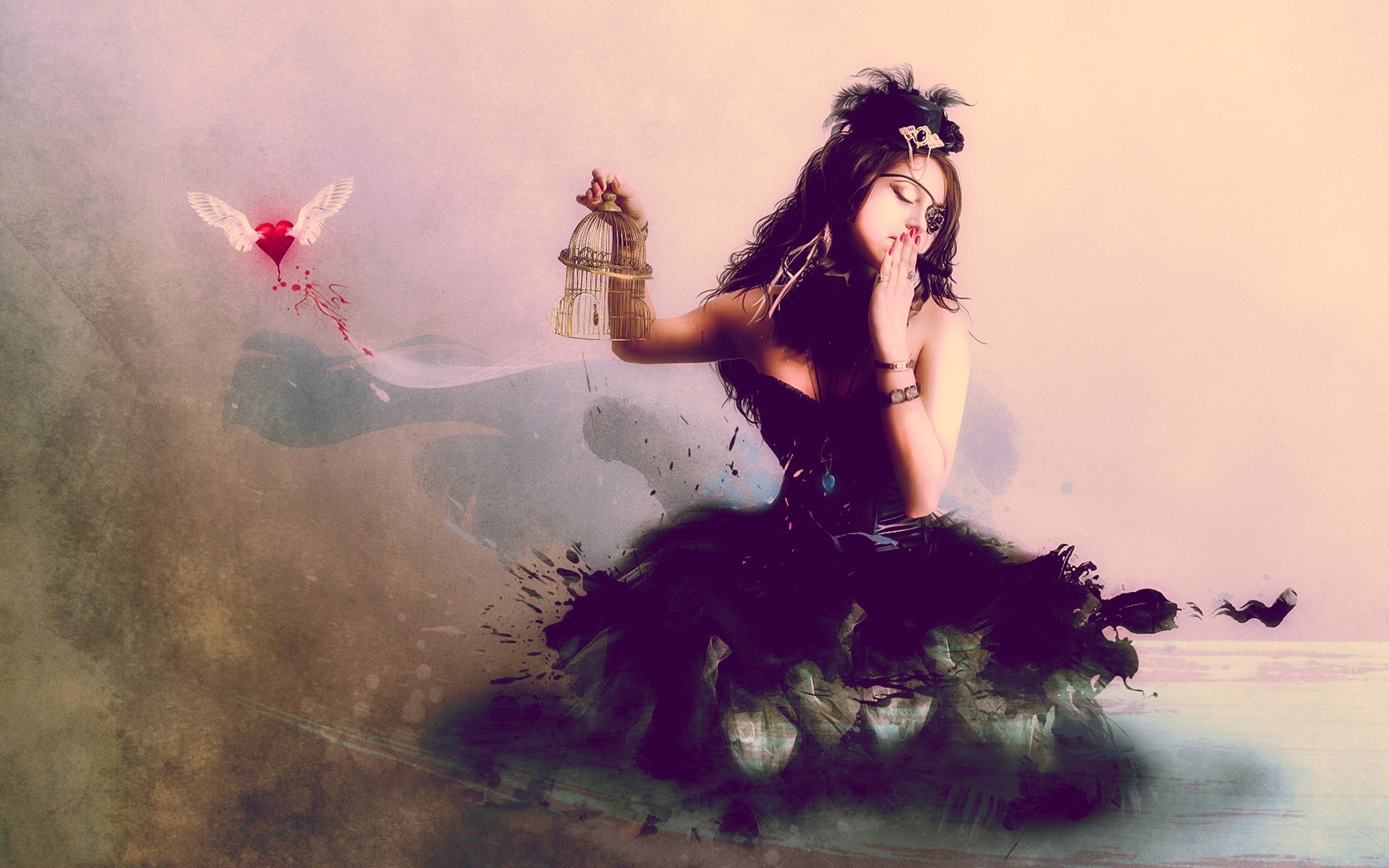 bird, girl, comp. design, cell, patterns, 1080P, HD Wallpaper
