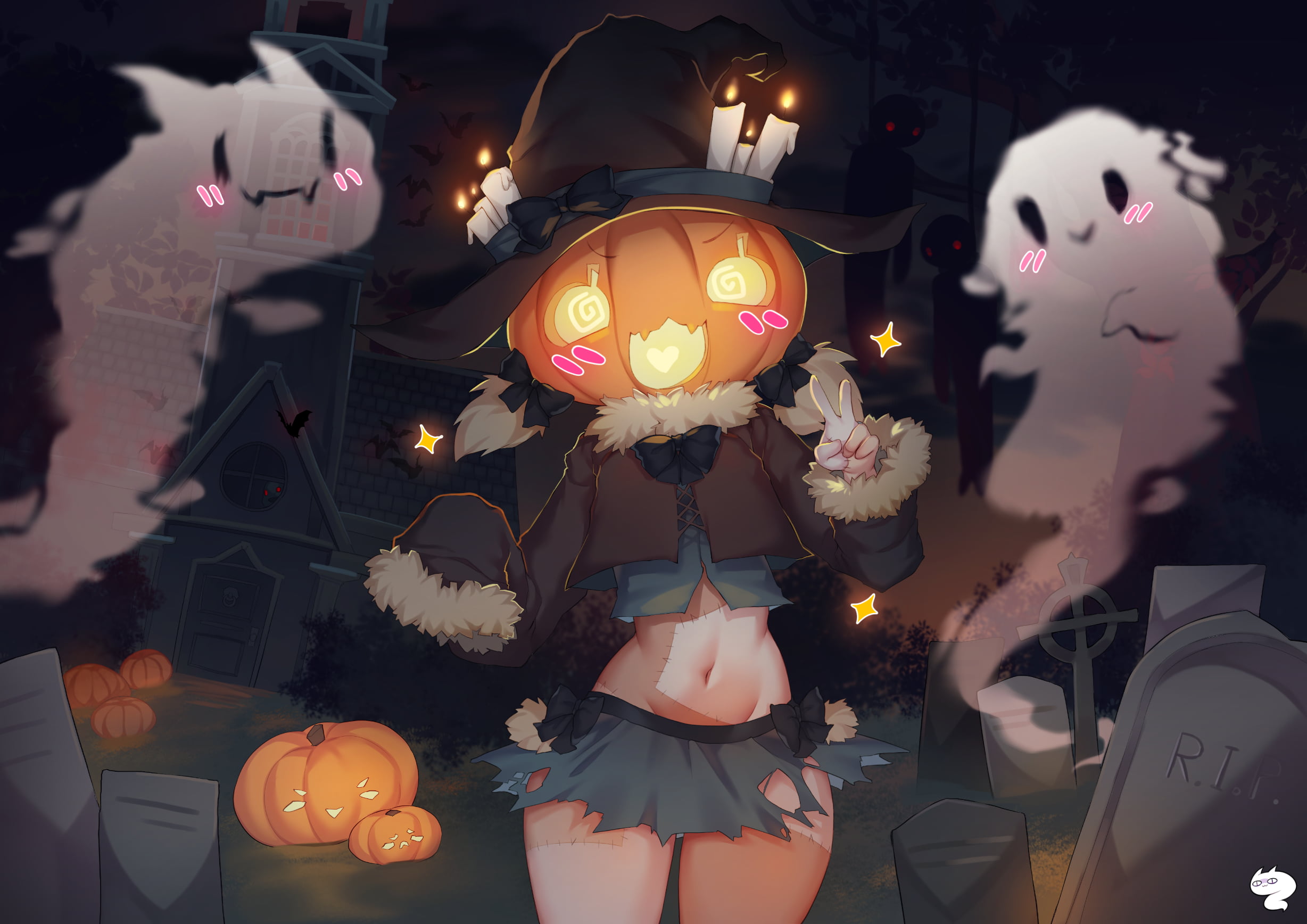 1080P, thigh-highs, graveyards, torn clothes, grave, witch hat, bats, spark, pumpkin, Halloween, ghosts, peace sign, HD Wallpaper