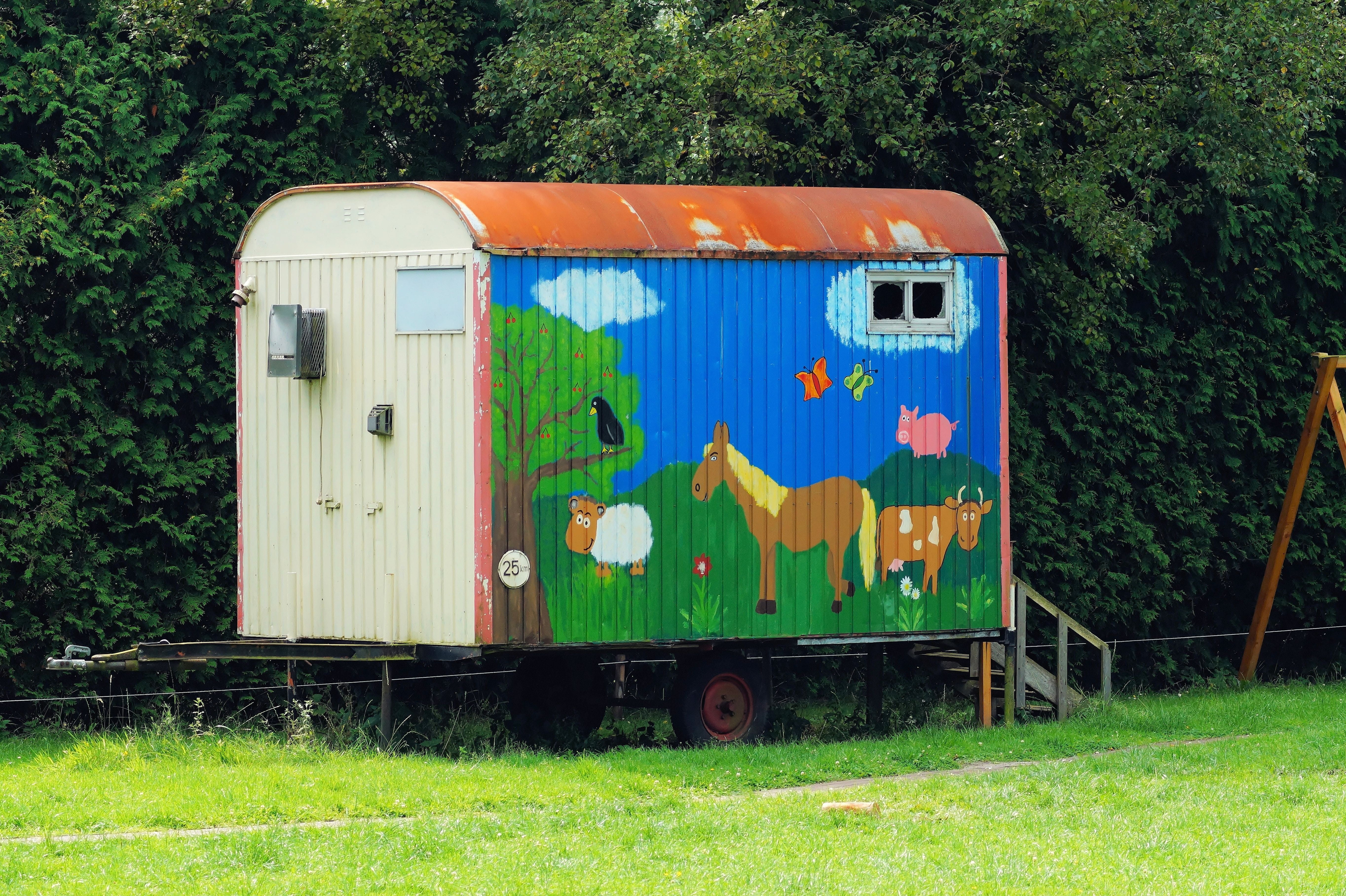 built structure, vehicle trailer, 5K, sunlight, field, plant, growth, outdoors, nature, colorful, colored, train, tree, day, bauwagen, transportation, HD Wallpaper