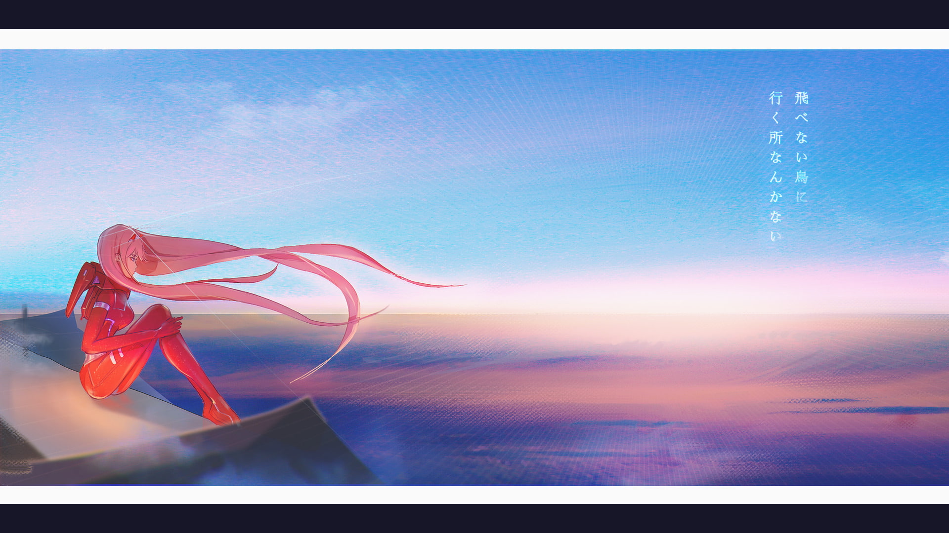 scenics - nature, Zero Two (Darling in the FranXX), outdoors, no people, orange color, auto post production filter, flying, horizon over water, Anime, digital composite, HD Wallpaper