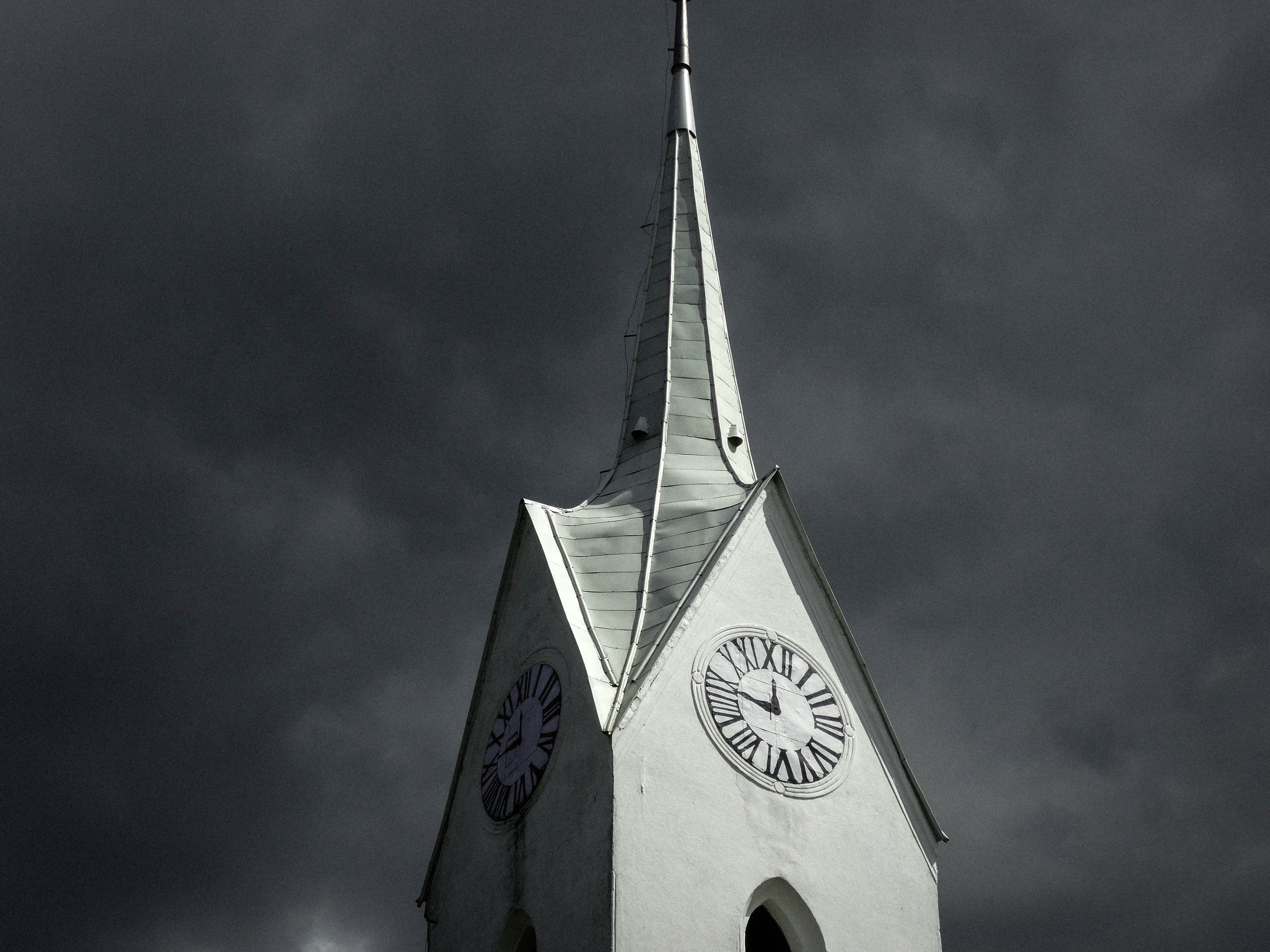 overcast, built structure, Time, religion, steeple, high section, white, architecture, day, clock face, cloud - sky, building, 5K, nature, spirituality, HD Wallpaper