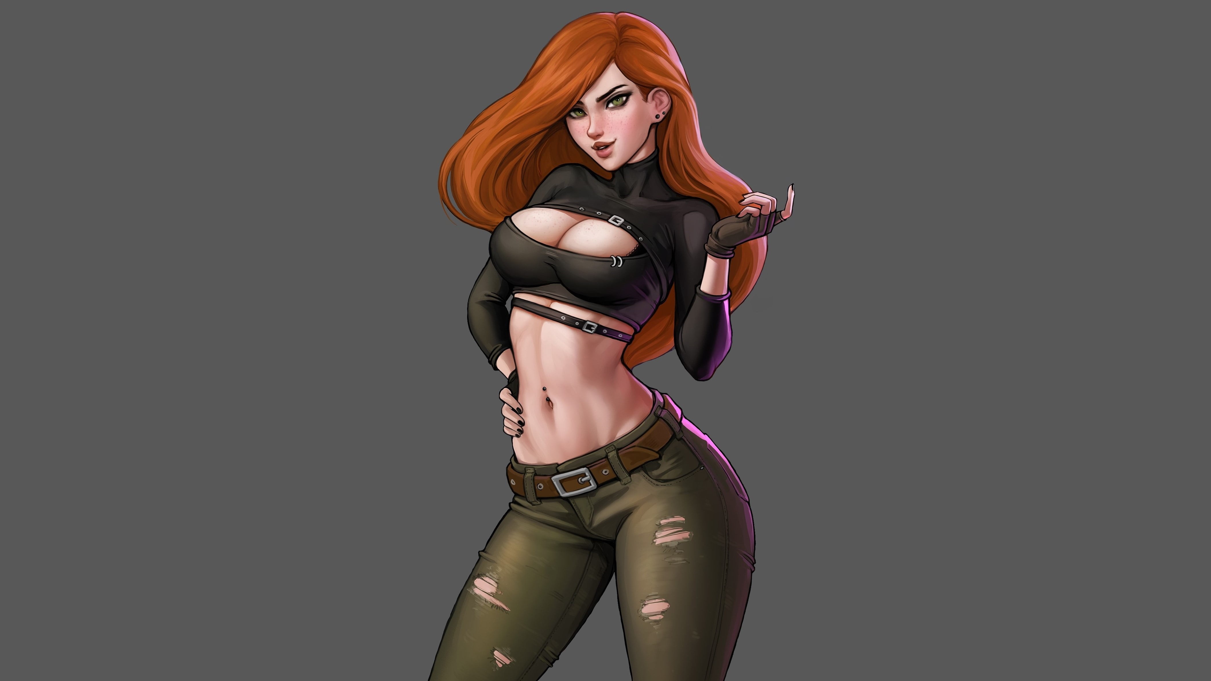 4K, belly, crop top, Aroma Sensei, Kim Possible, long hair, looking at viewer, redhead, thighs, Black top, abs, cleavage cutout, HD Wallpaper