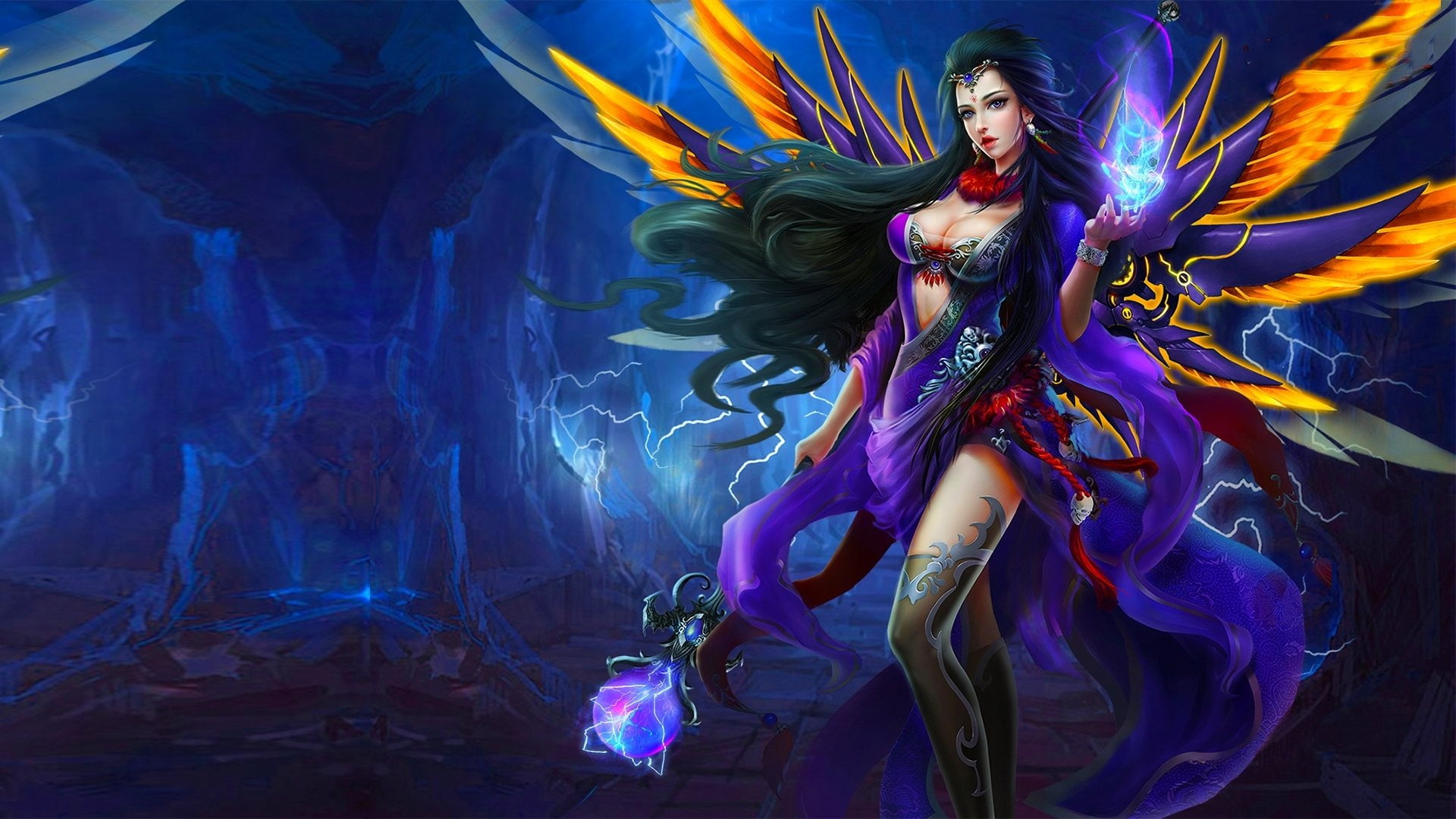 Fantasy, 1080P, Long Hair, Girl, Angel, Wings, Magic, Purple Eyes, Woman, Black Hair, HD Wallpaper