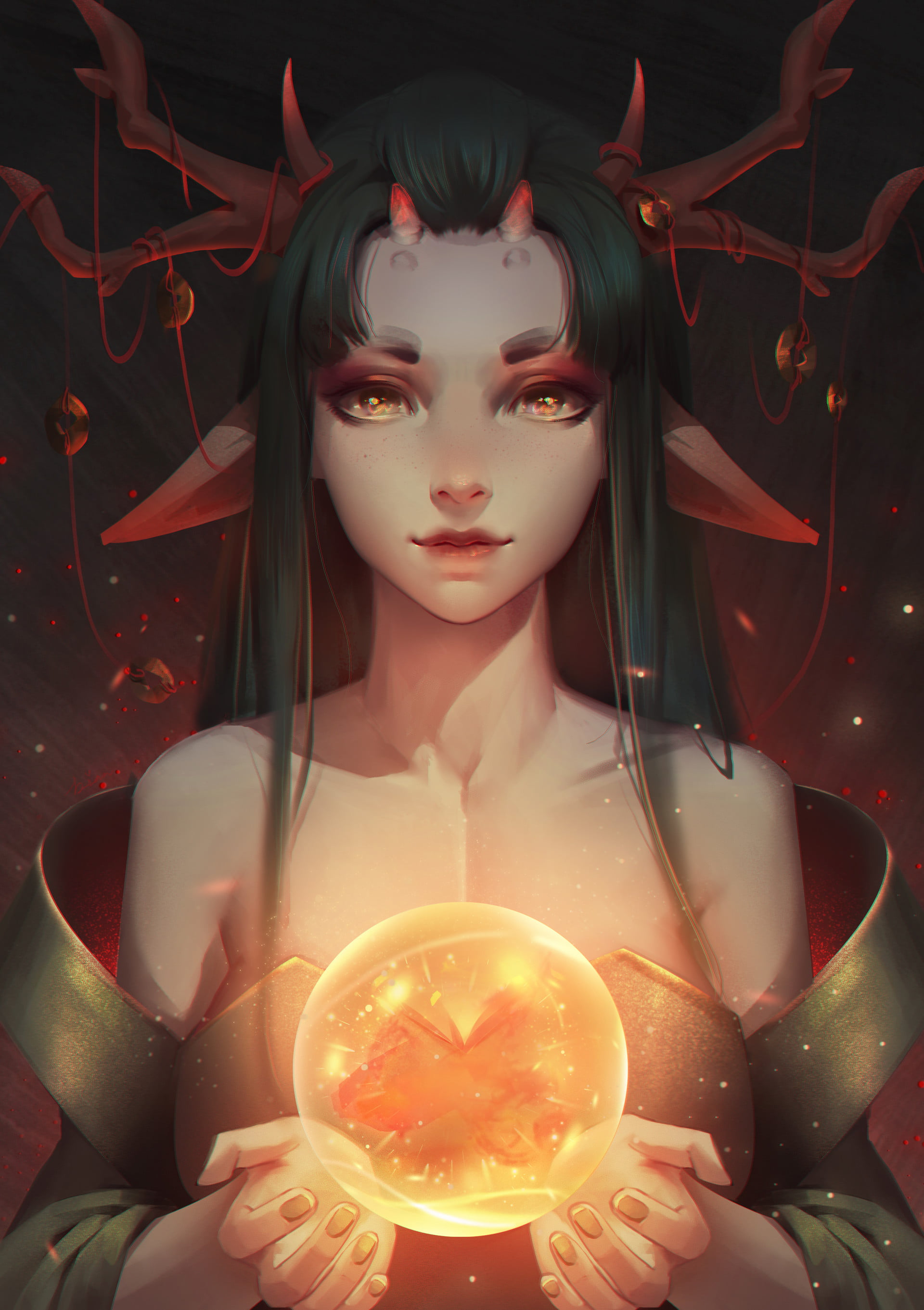 illustration, looking at viewer, fantasy girl, magic, black hair, bare shoulders, digital art, antlers, women, artwork, 2K, portrait display, 2D, fantasy art, Phone HD Wallpaper