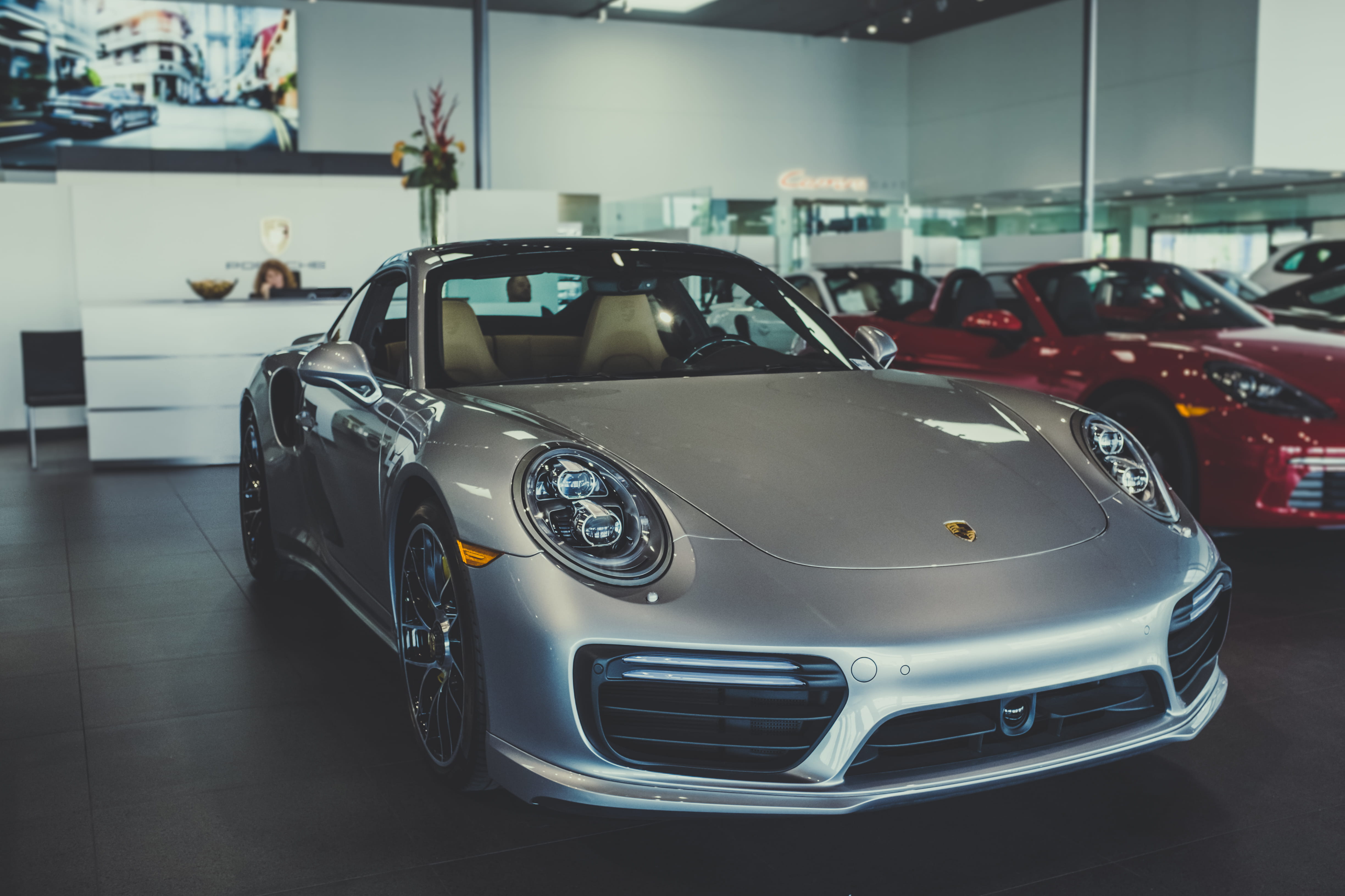 car, gaudin porsche lv, united states, focus on foreground, parking garage, day, 4K, showroom, reflection, indoors, las vegas, transportation, automobile industry, HD Wallpaper