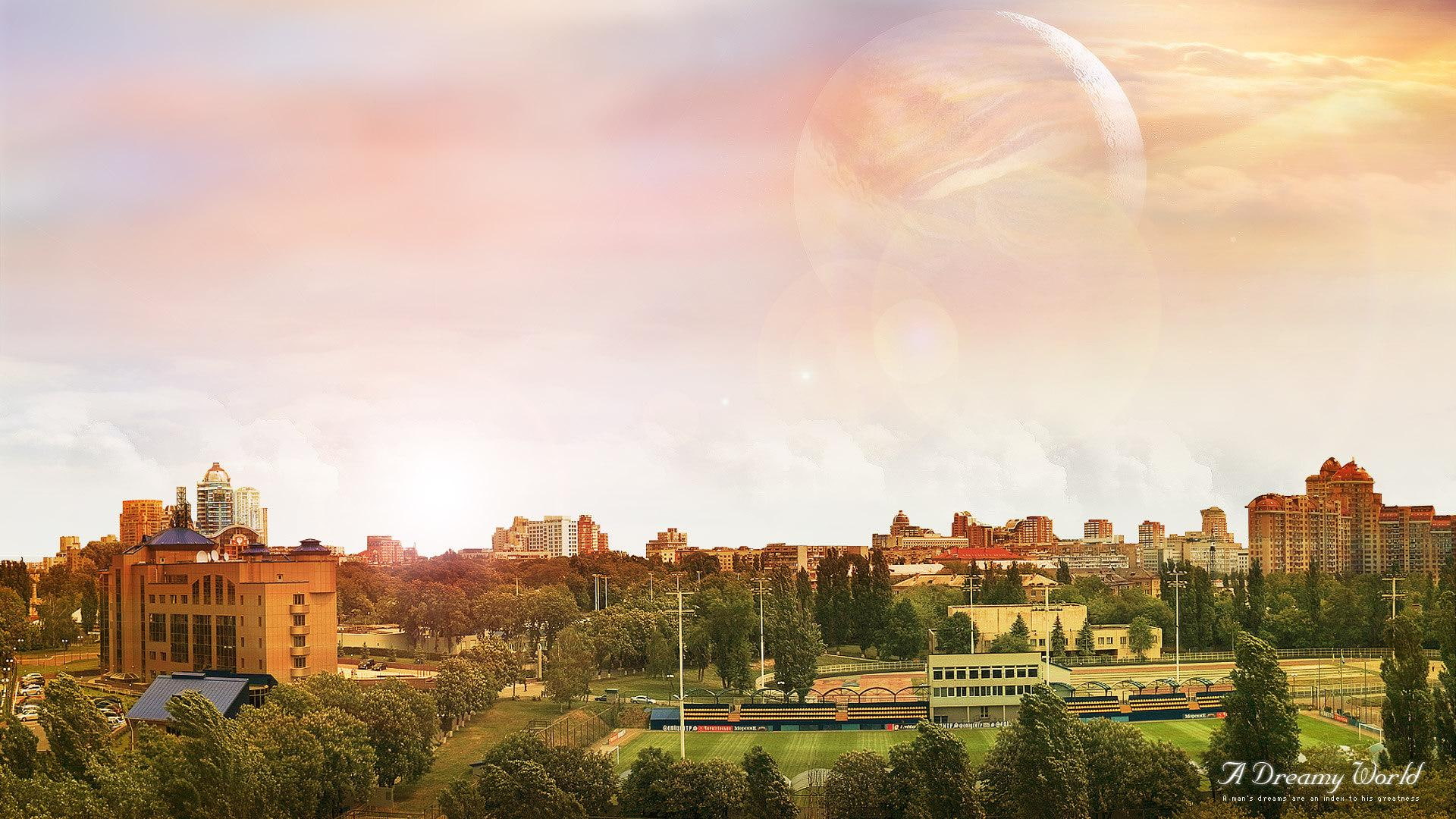 ball field, 3d and abstract, city, field, world, dreamy, 1080P, moon, fantasy, ball, HD Wallpaper