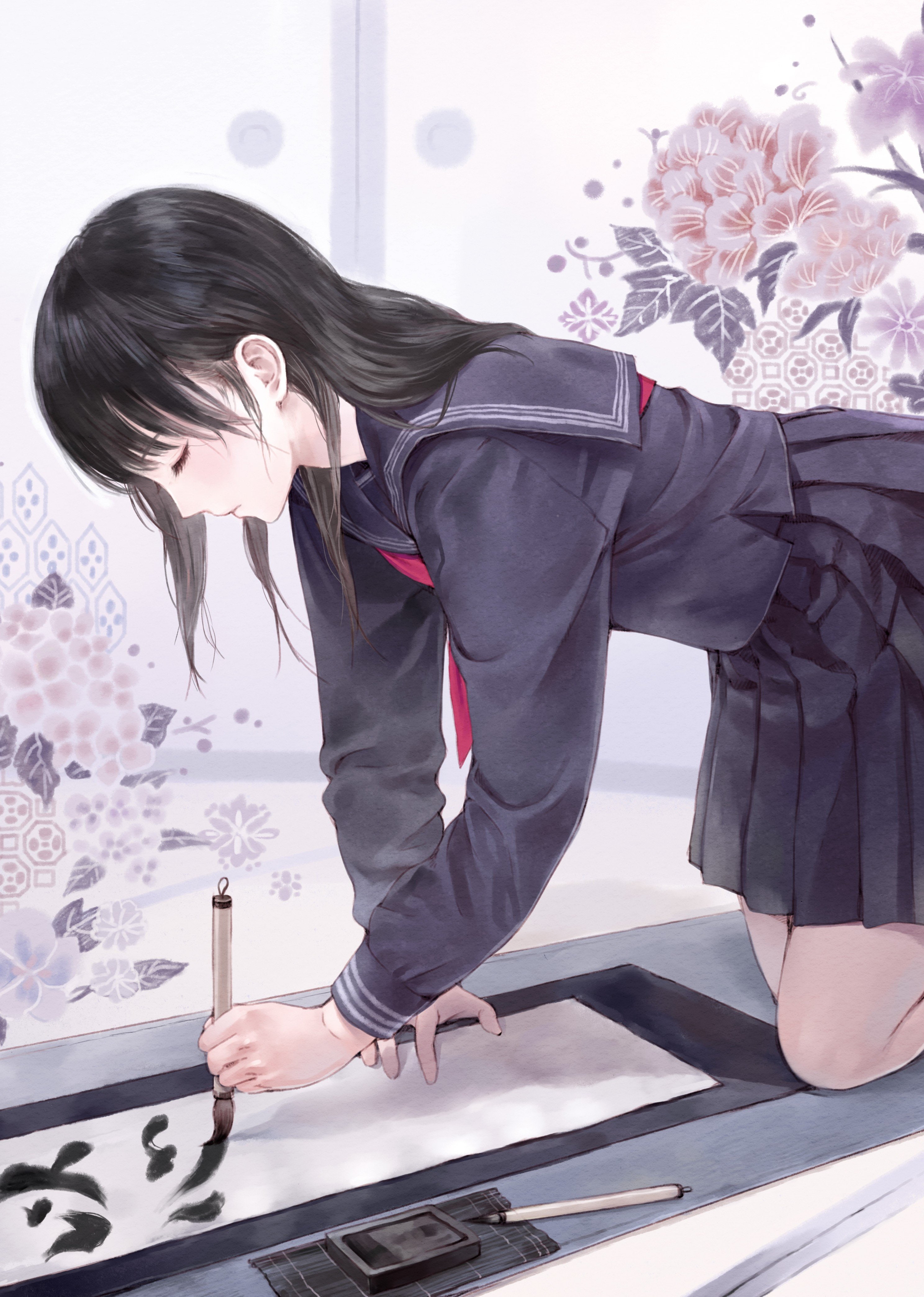 long, 4K, flowers, characters, uniforms, indoors, hair, fours, sailor, schoolgirls, eyes, paint, original, anime, black, school, girls, caligraphy, skirts, Phone HD Wallpaper