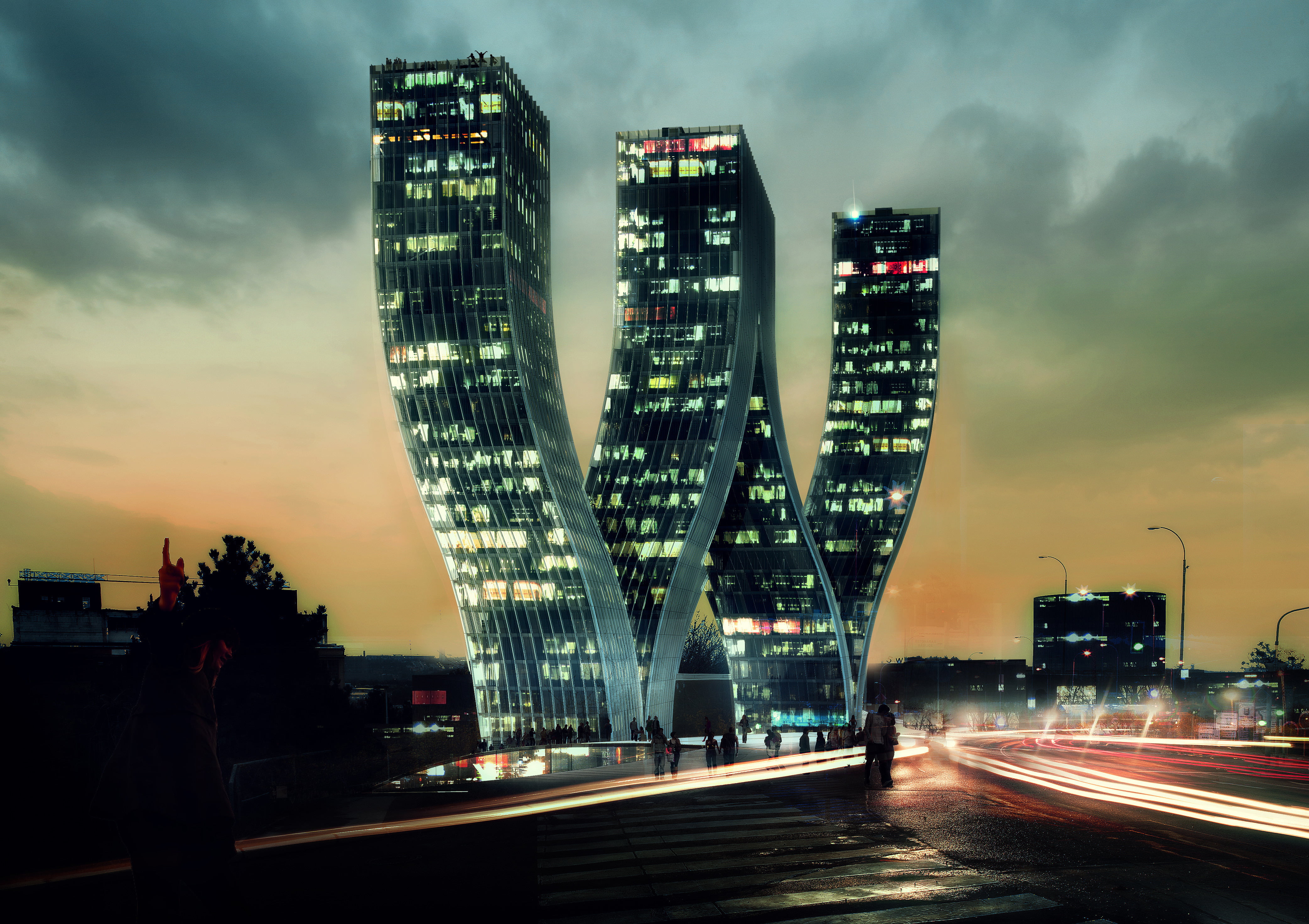 traffic, street Light, architecture, skyscraper, bus, travel, bridge - Man Made Structure, light, illuminated, sunset, light trail, cityscape, blurred Motion, HD Wallpaper