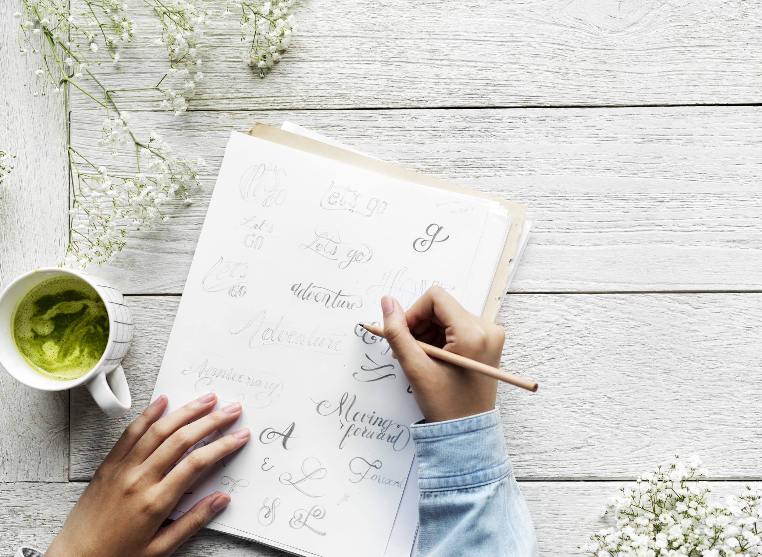 1080P, girly, pencil, high angle view, matcha, education, lance, workspace, human body part, women, paper, calligraphy, hands, wooden table, working, book, HD Wallpaper