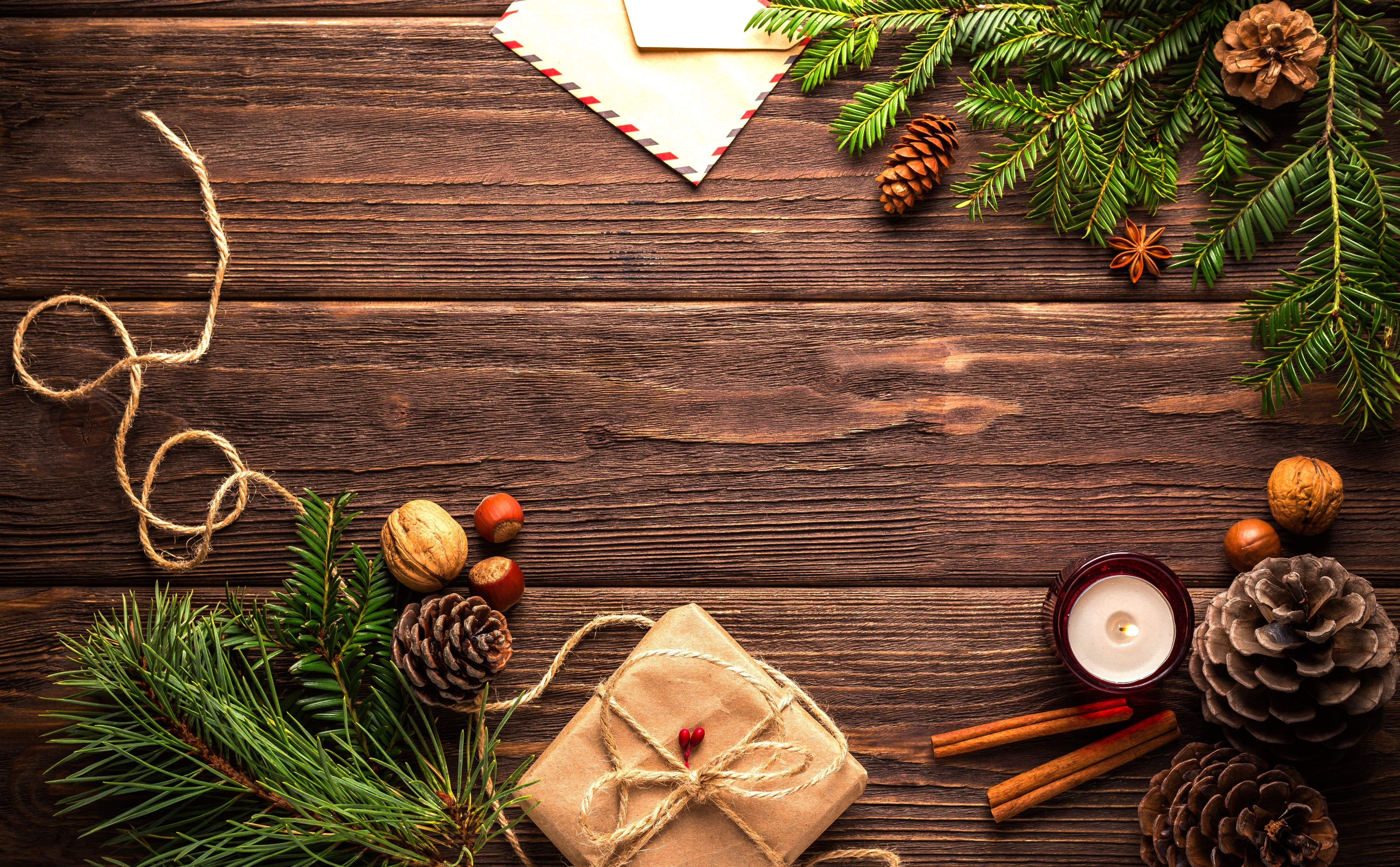 Holidays, christmas decoration, table, spice, december, wood - material, Letter, Xmas, food, celebration, 5K, pinecones, star anise, fruit, Pine, pine cone, HD Wallpaper