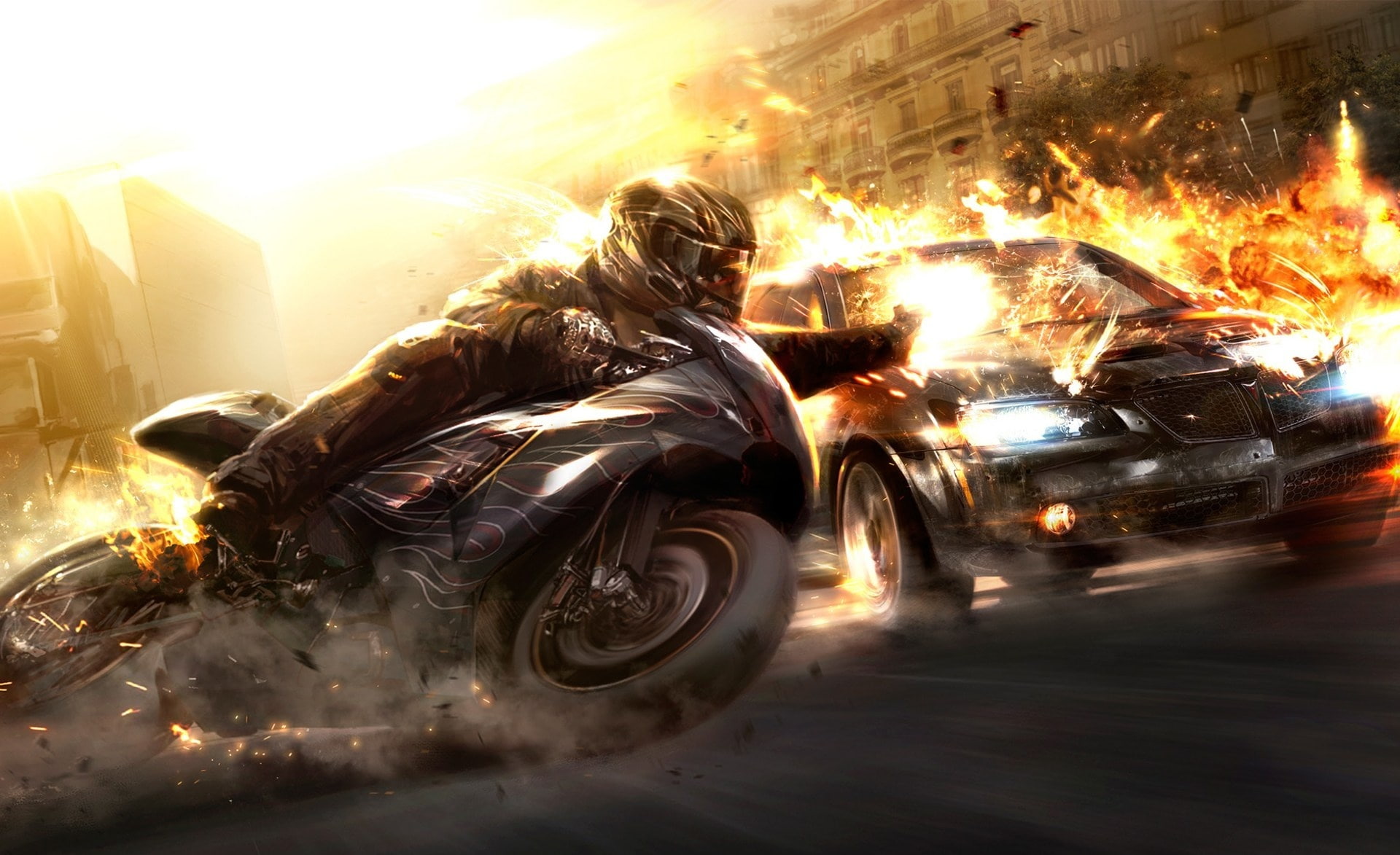 smoke - physical structure, Games, burning, crash helmet, motor vehicle, lifestyles, car, driving game, sports, blurred motion, street, Other Games, wheelman game, HD Wallpaper