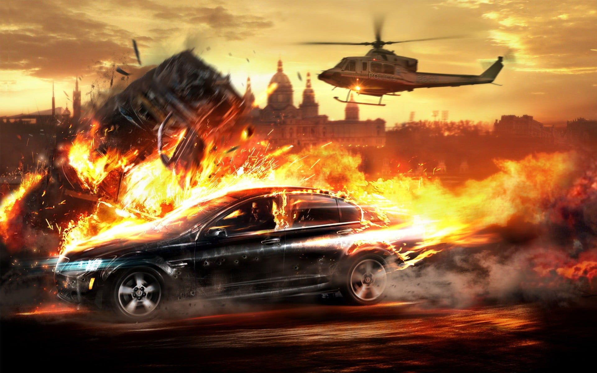 blurred motion, heat - temperature, motion, sky, motor vehicle, sedan, helicopter, architecture, Wheelman, land vehicle, accidents and disasters, fire, HD Wallpaper