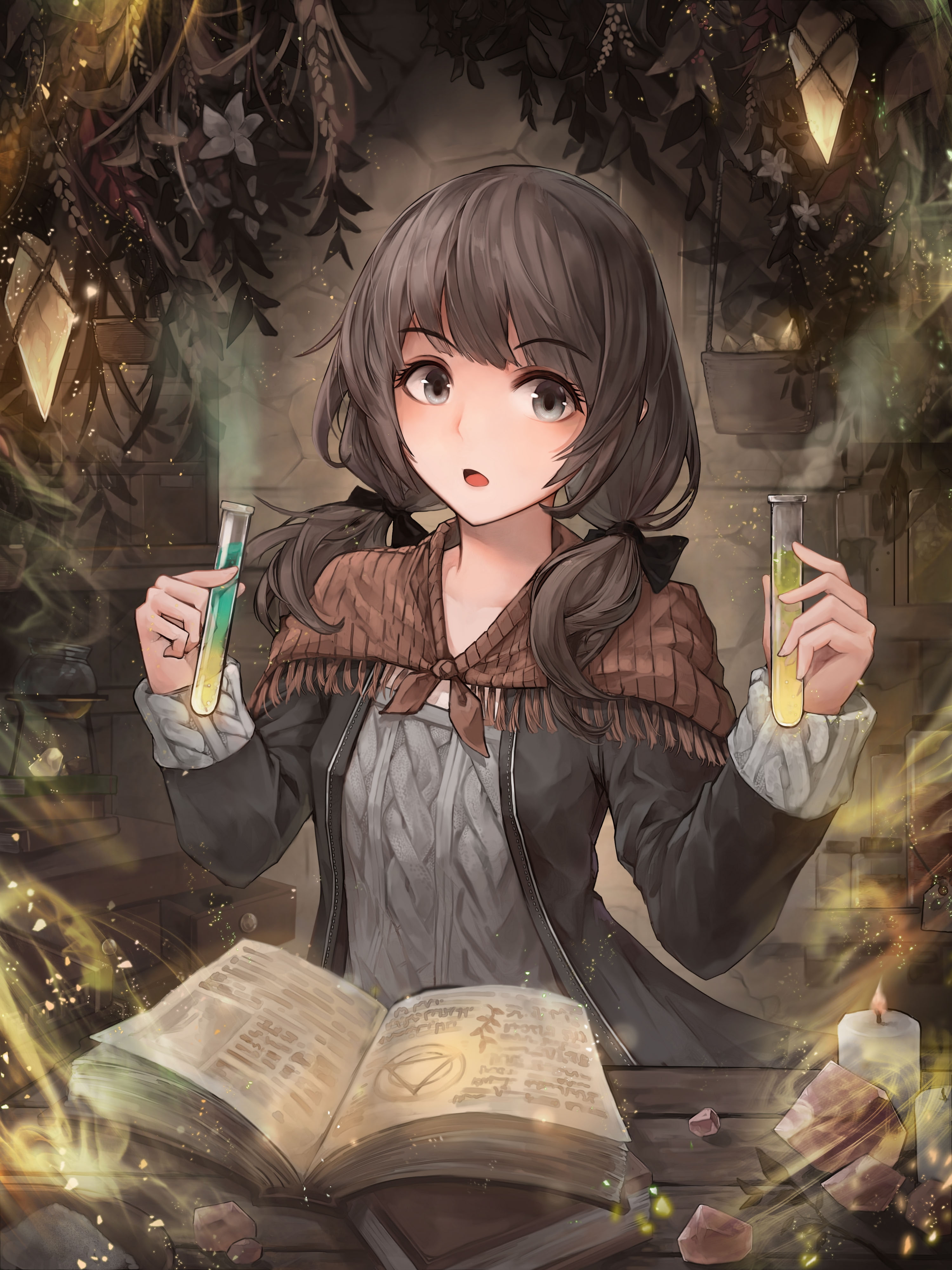refreshment, drinking, celebration, anime girl, book, front view, holding, portrait, brown hair, magic, Anime, looking at camera, glass, waist up, indoors, Phone HD Wallpaper
