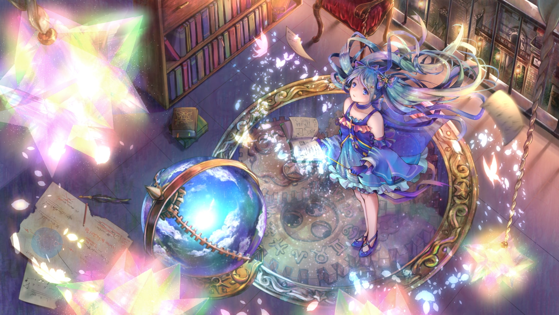 female likeness, multi colored, spell, star, twintails, reflection, human representation, representation, craft, christmas decoration, 720P, vocaloid, HD Wallpaper