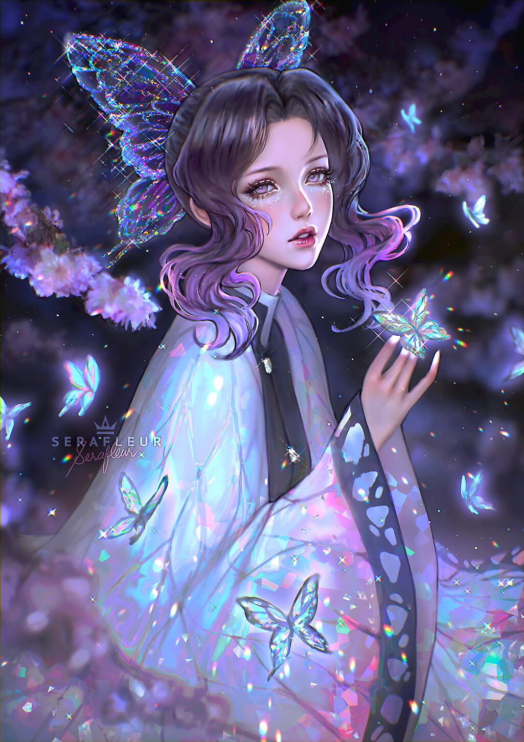 drawing, dress, glitter, spell, Abigail Diaz, women, butterflies, Kimetsu no Yaiba, magic, 720P, wavy hair, Kochou Shinobu, Phone HD Wallpaper