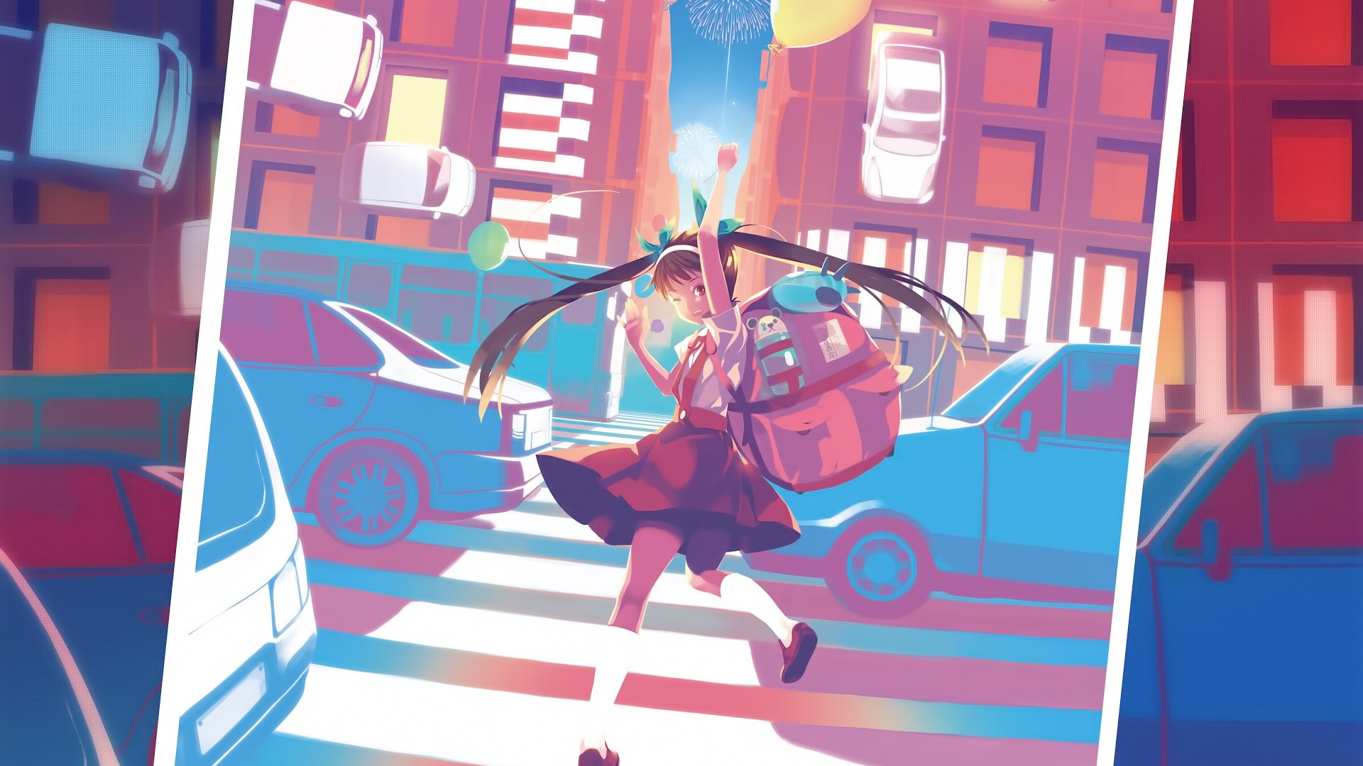 anime, Hachikuji Mayoi, looking back, colorful, 1080P, urban photo, Monogatari Series, anime girls, HD Wallpaper