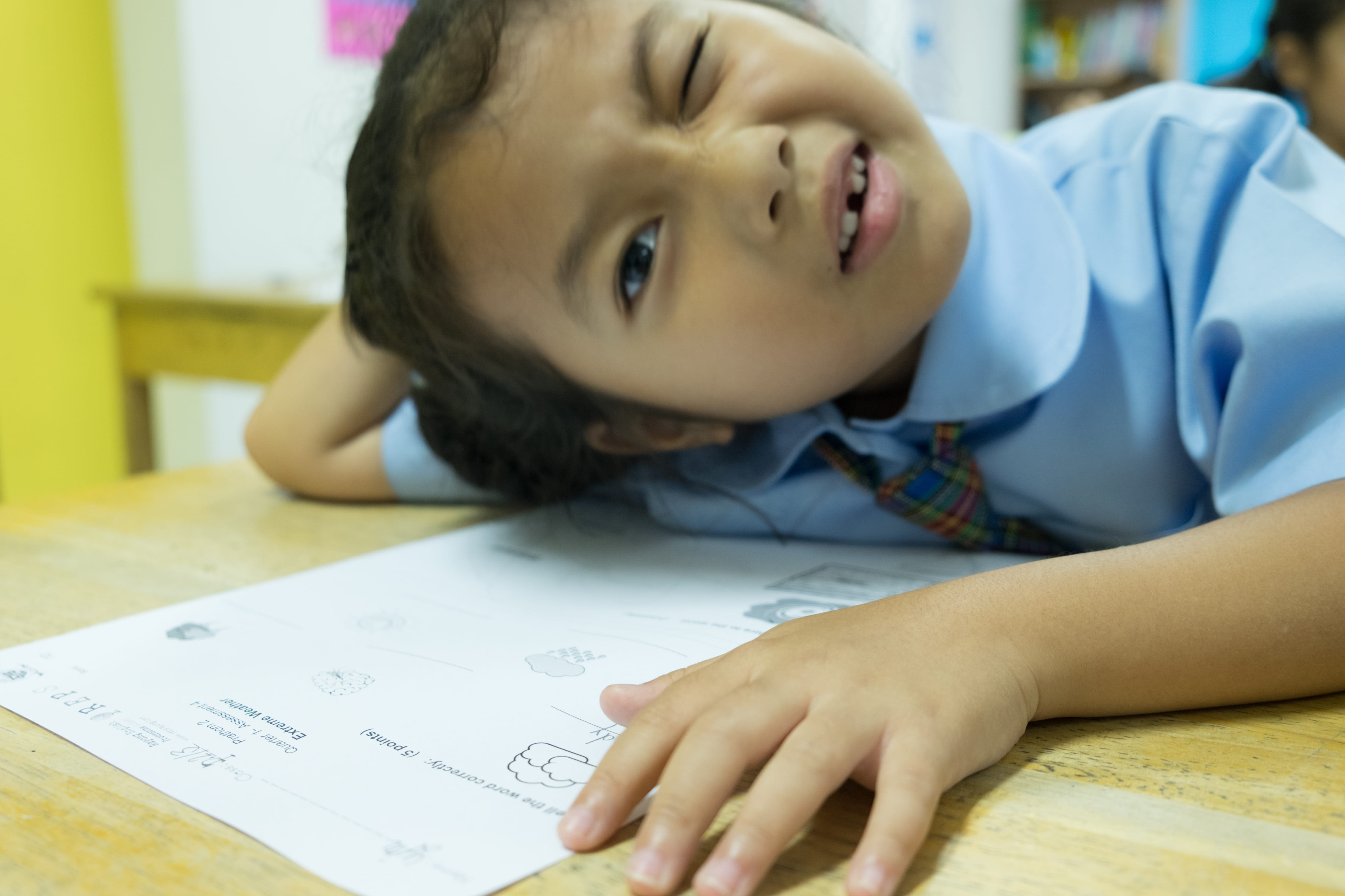 4K, innocence, focus on foreground, males, childhood, desk, school, men, uniform, thailand, portrait, furniture, learning, one person, lying down, pre-adolescent child, HD Wallpaper