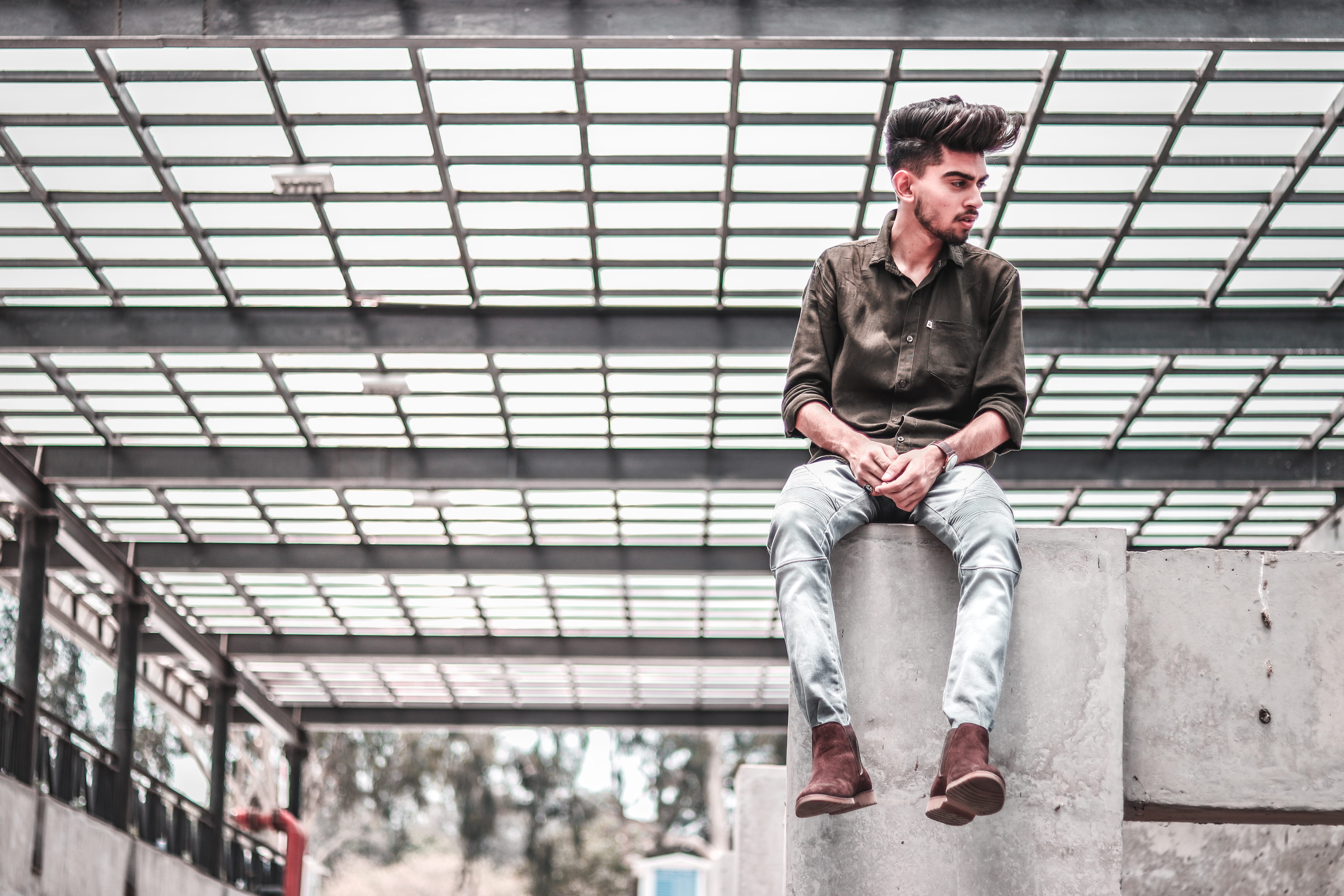 concrete, fence, one person, structure, technology, bench, real people, lifestyles, hairstyle, human, built structure, gray, boot, men, casual clothing, HD Wallpaper