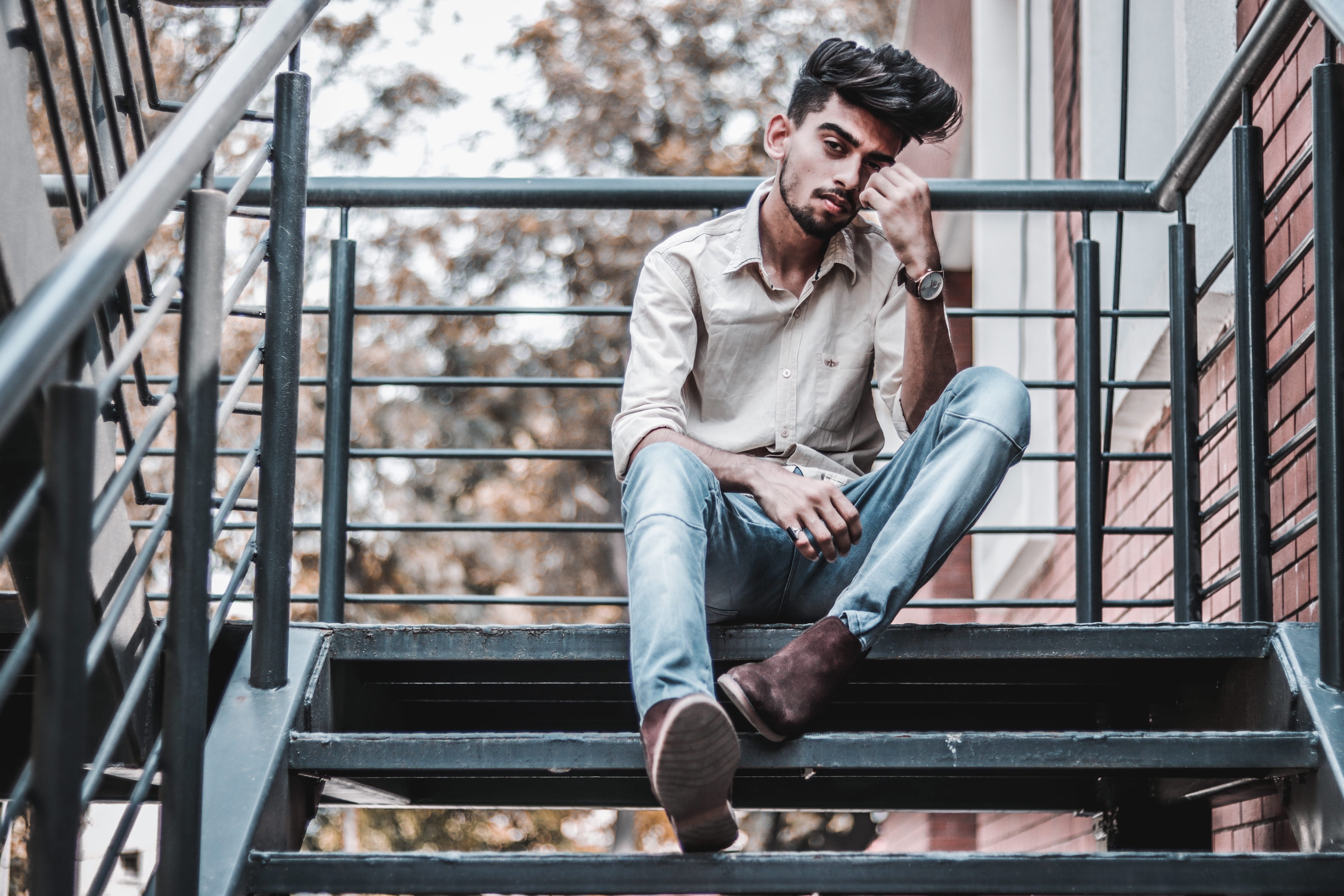 one person, pose, young men, railing, sitting, stairs, sector 37, vintage, fashion model, model, architecture, lifestyles, portrait, built structure, full length, HD Wallpaper