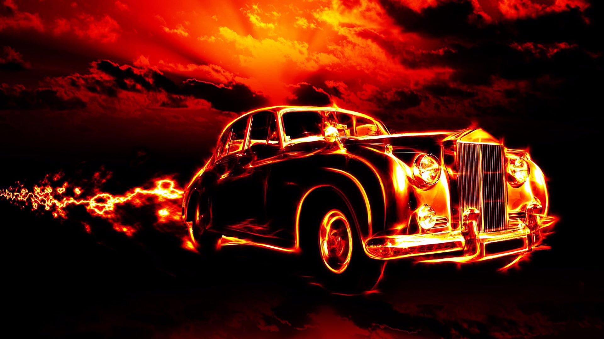 adult, flaming, burning, digital composite, illuminated, fire, glow, vehicle, night, warning sign, mode of transportation, car, celebration, nature, classic car, HD Wallpaper