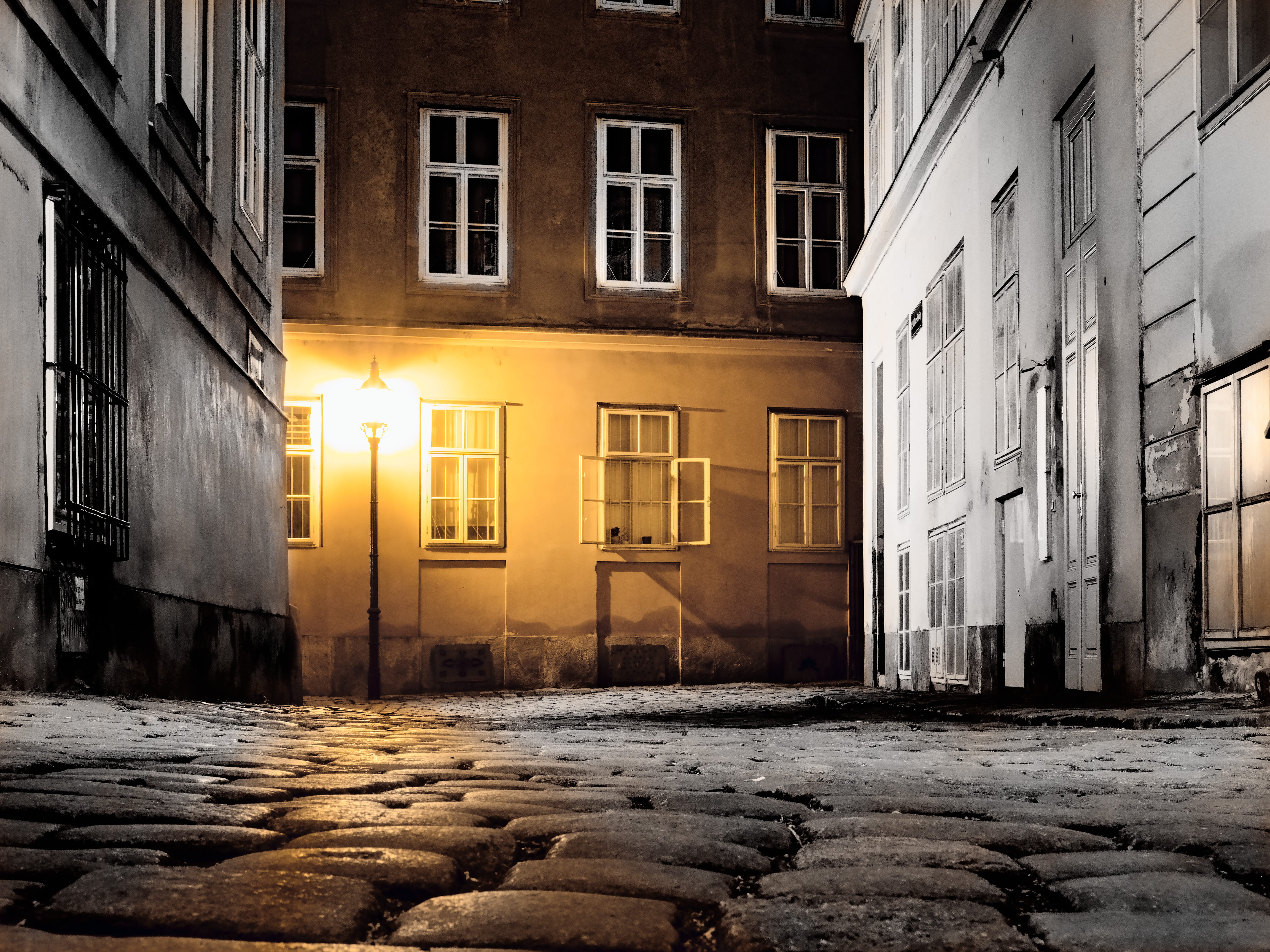 austrium, light, winter, residential district, built structure, gasse, lonely, alleyway, outdoors, town, night, building, illuminated, brown, quiet street, HD Wallpaper