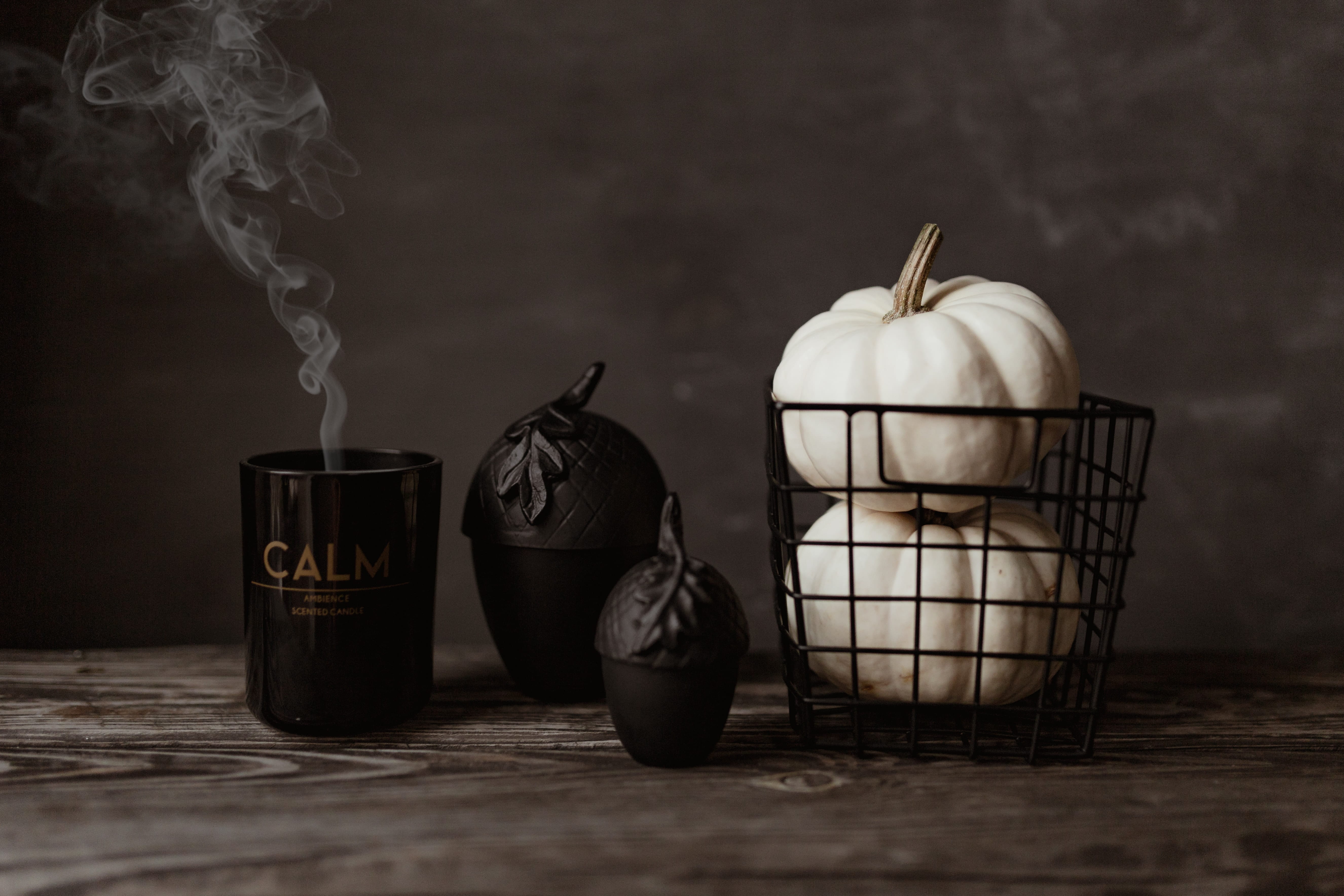 white pumpkin, table, indoors, pumpkin, healthy eating, 5K, halloween, home decor, wellbeing, flowers, decorations, smoke - physical structure, home, dark, HD Wallpaper