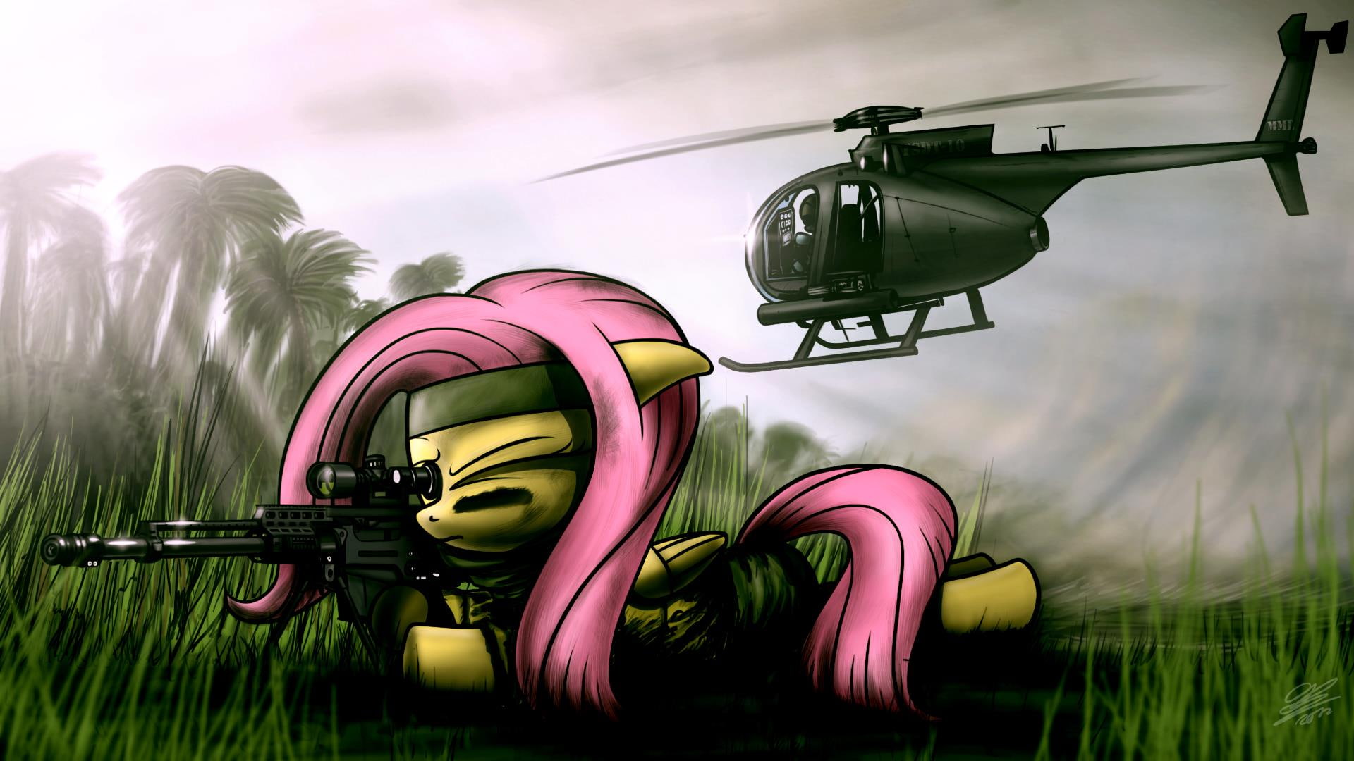 helicopter, cartoon/comic, soldier, sniper, fluttershy, 1080P, hd, my, pony, little, HD Wallpaper