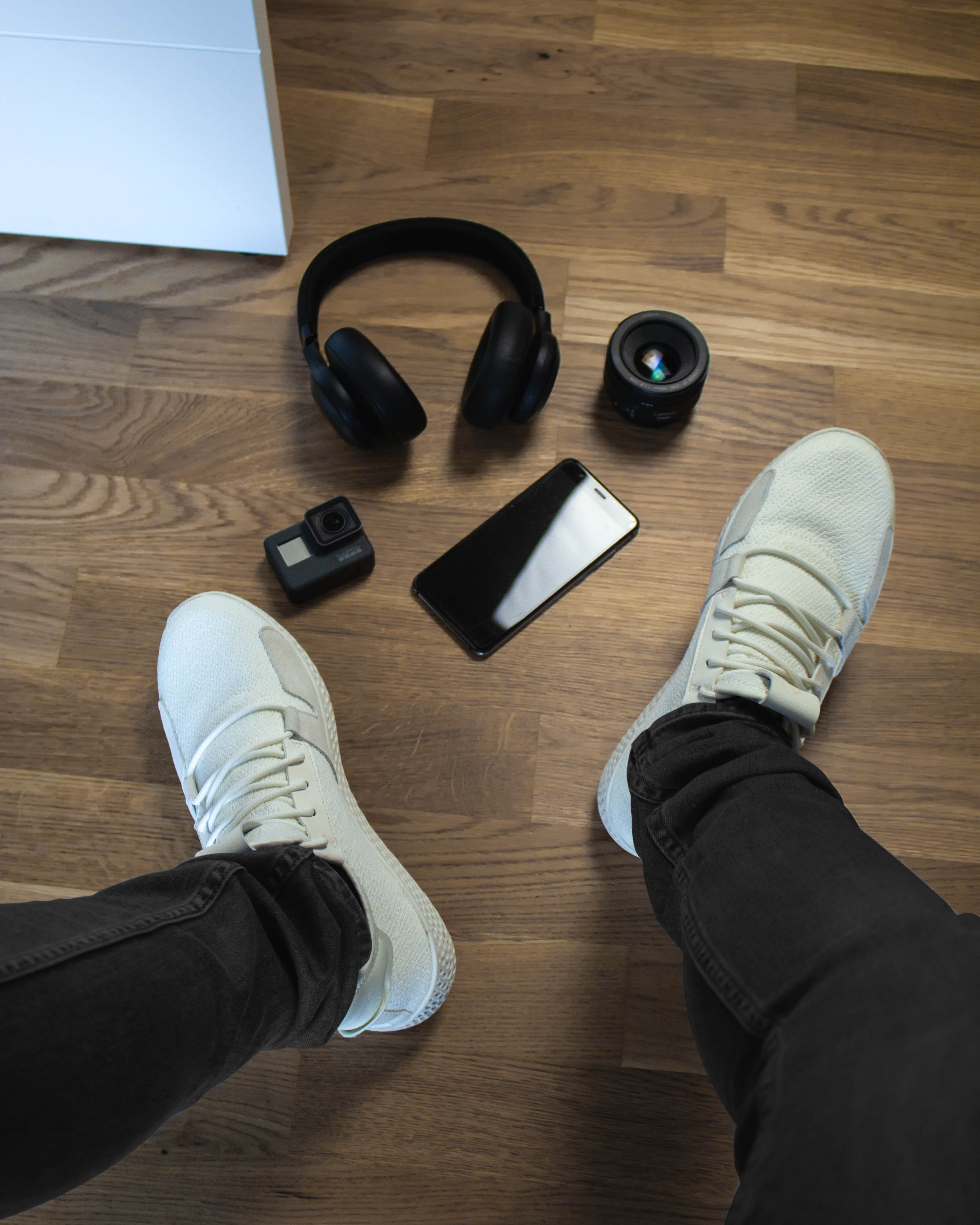sneaker, indoors, wood - material, lens, lifestyles, headset, wireless technology, personal perspective, communication, person, high angle view, footwear, Phone HD Wallpaper