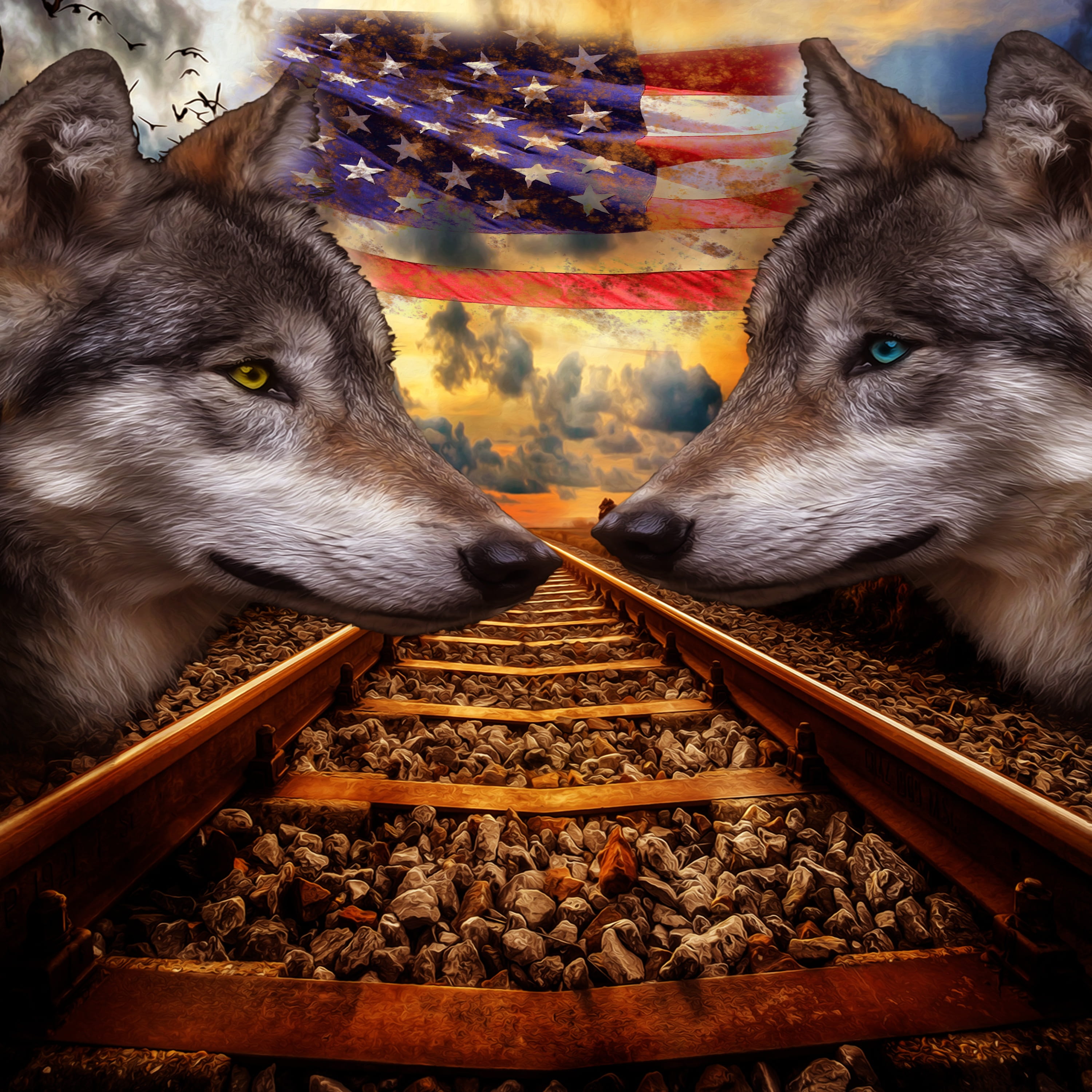 seemed, dog, animal themes, 2K, flag, romantic, dom, domestic, animal, relaxation, pets, vertebrate, wolf, united states, day, wood - material, portrait, Phone HD Wallpaper