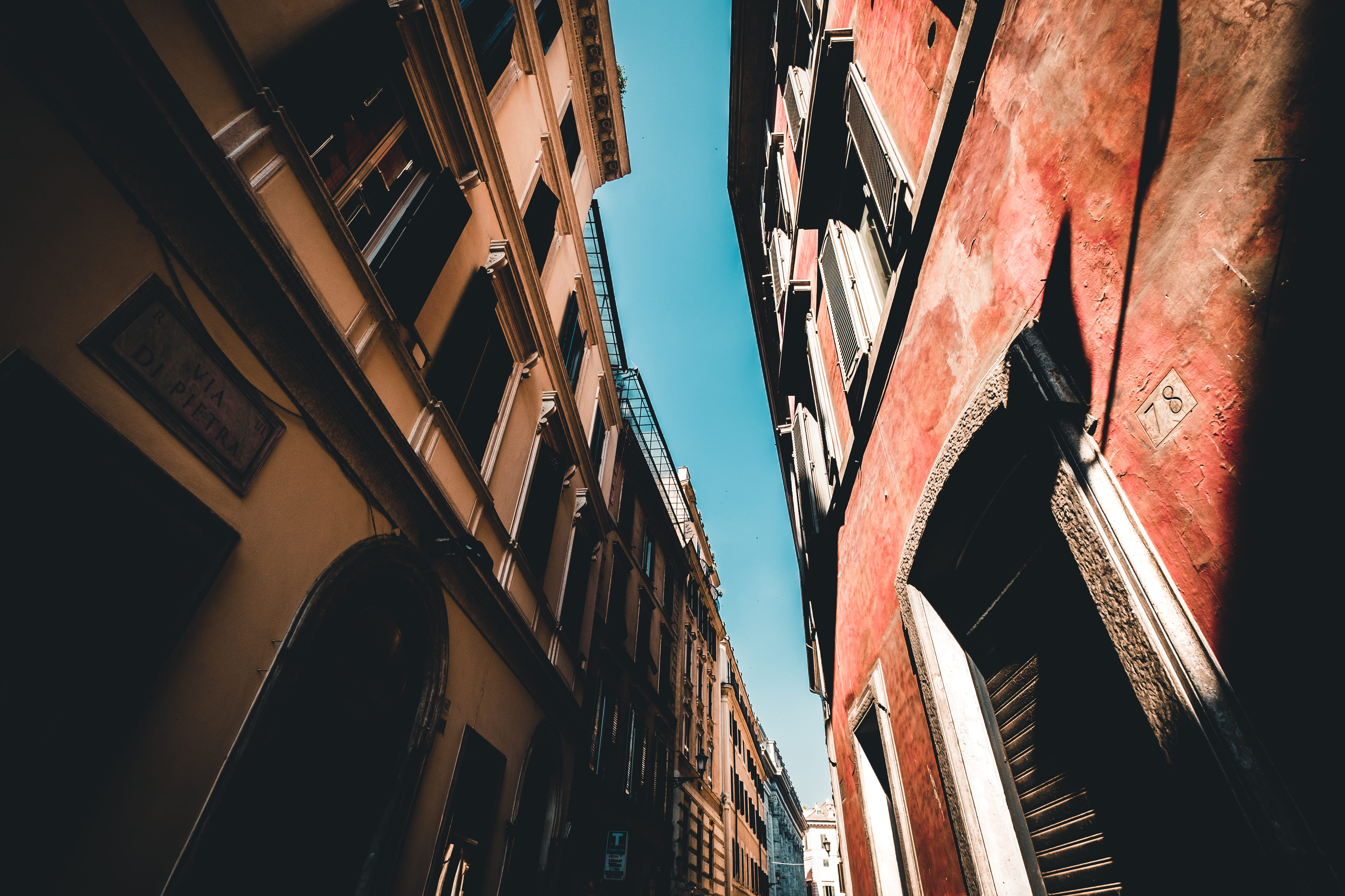 photography, roman, concrete, low angle view, architecture, italy, blue, clear sky, two, 4K, no people, history, residential district, town, building, HD Wallpaper
