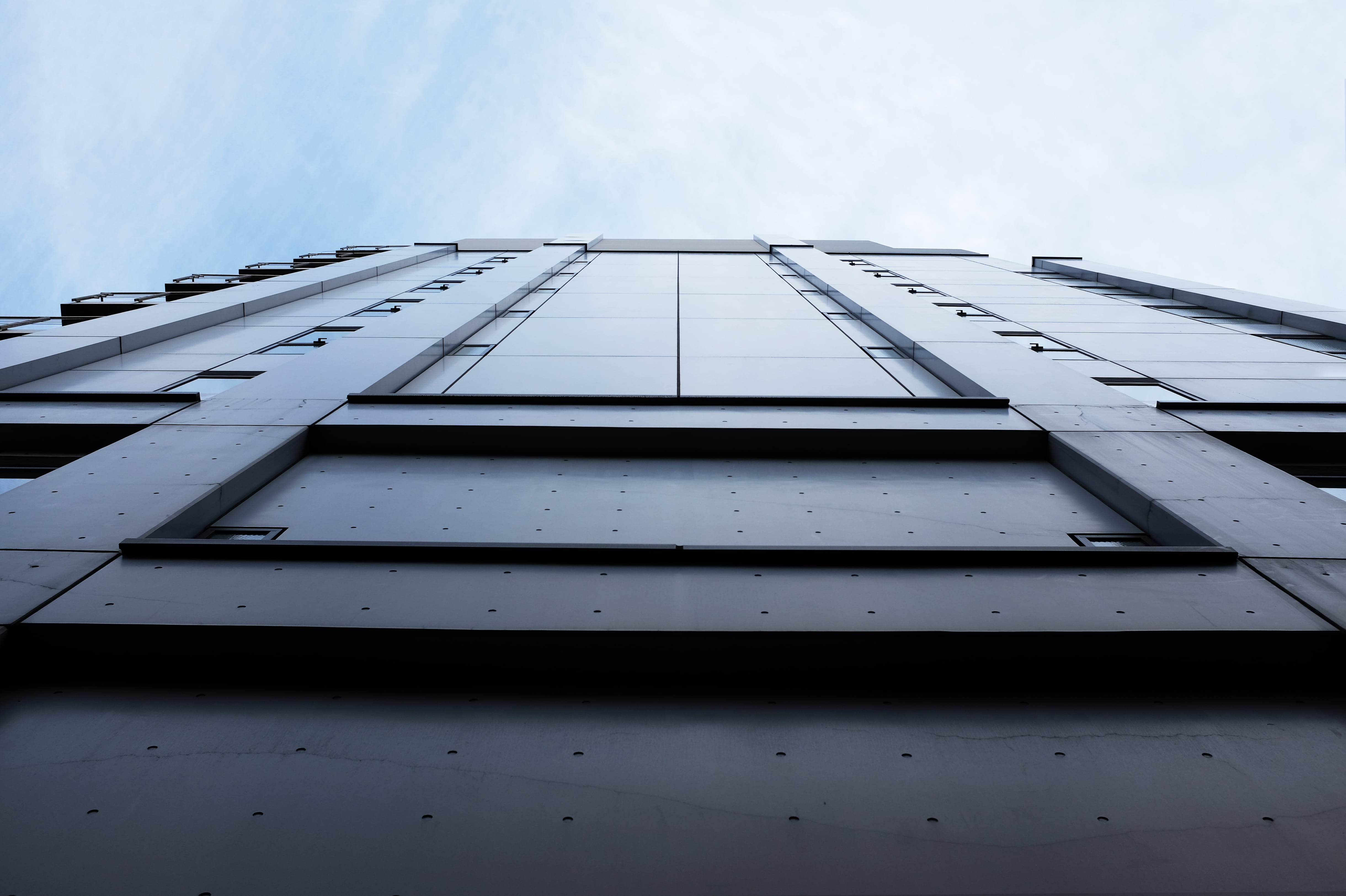 low angle, city, no people, clouds, directly below, cloud - sky, looking up, low, modern, pattern, apartment, building exterior, 4K, photography, photo, HD Wallpaper