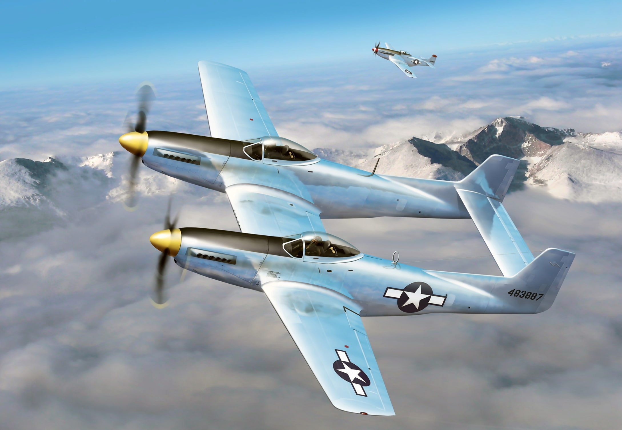 andquot;Mustangsandquot;, fighters, P-51, aircraft, American, art, clouds, 1080P, WW2, the sky, multipurpose, figure, F-82, HD Wallpaper
