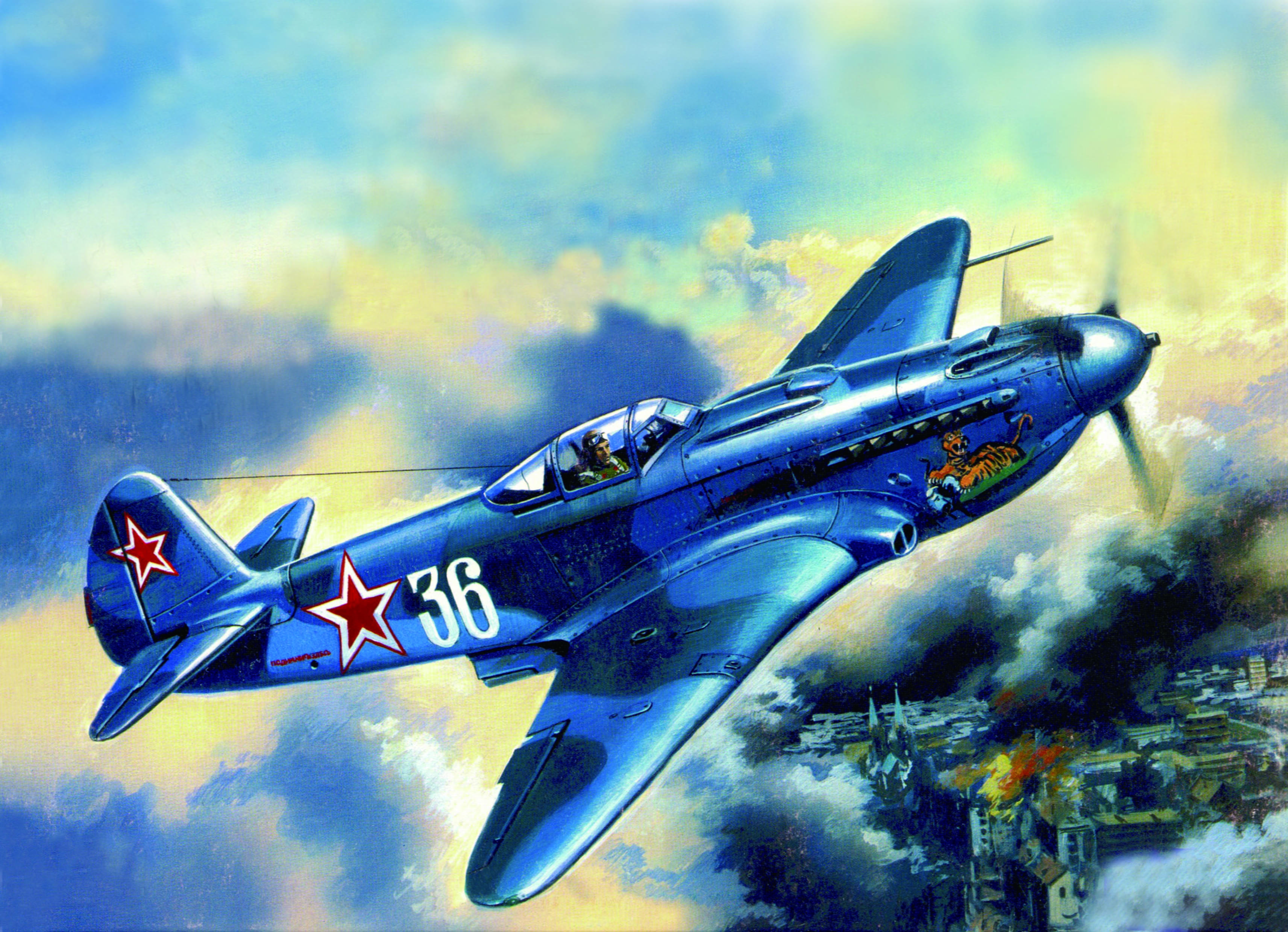 fighter, building, figure, the sky, the plane, fire, Soviet, blue, smoke, war, monoplane, the city, 2K, LAGG-3, HD Wallpaper