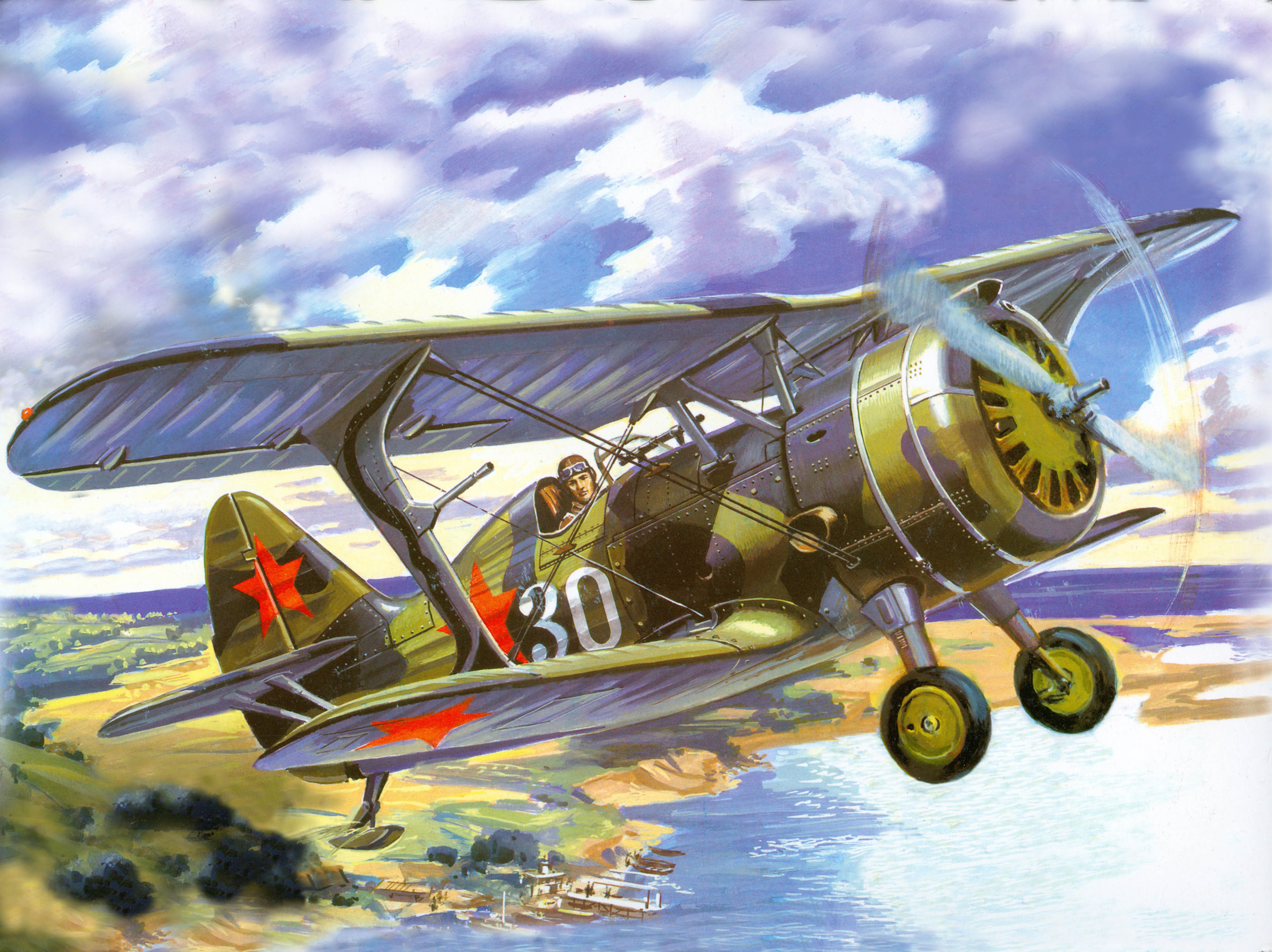 5K, biplane, clouds, art, the sky, ships, earth, river, Marina, the plane, figure, fighter, Soviet, shore, HD Wallpaper