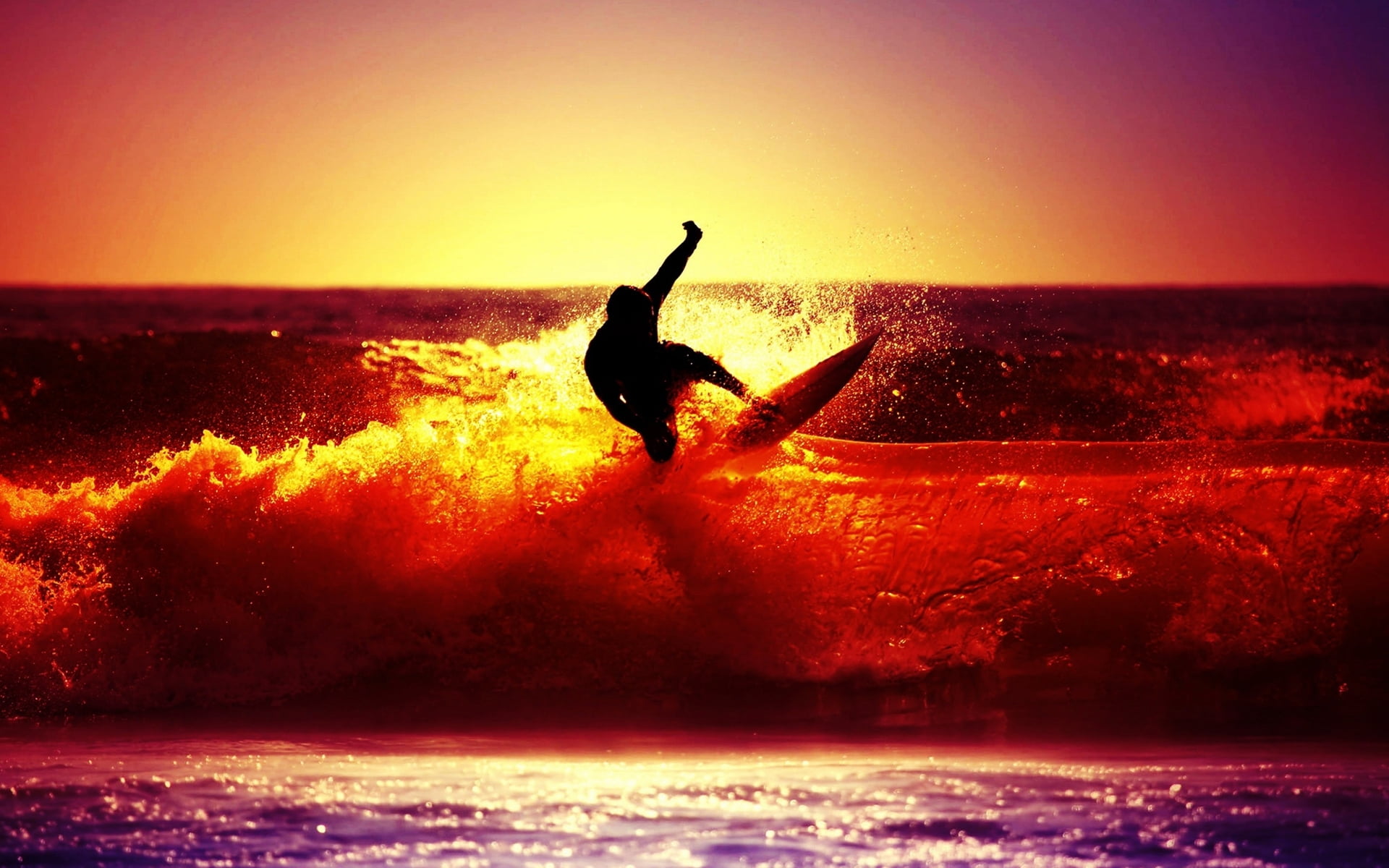 dusk, background, wave, sunlight, surfboard, mood, action, 1080P, man, women, the sun, orange Color, beach, the sky, adventure, one Person, sky, back Lit, HD Wallpaper