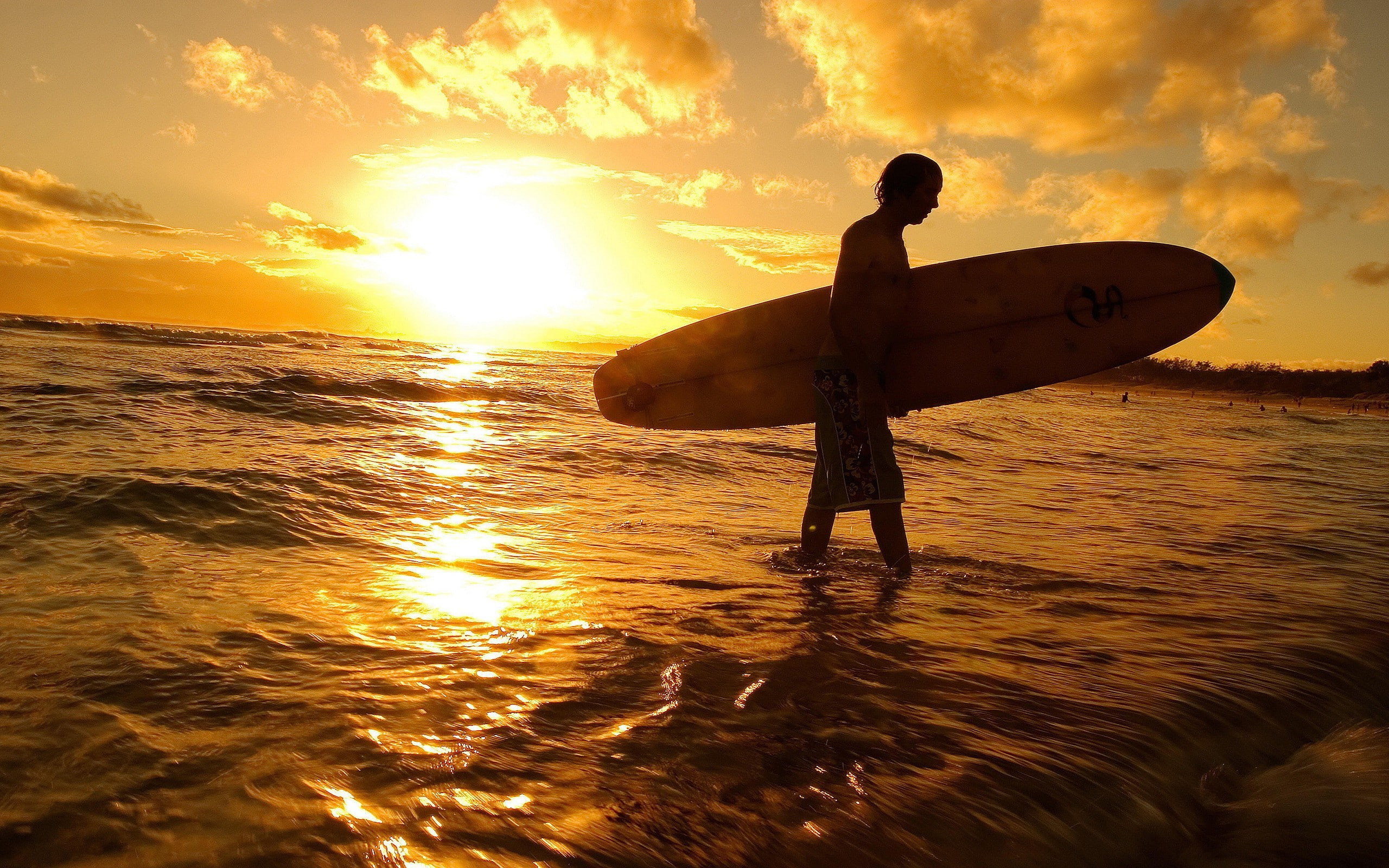 outdoors, cloud - sky, motion, surfboard, nature, sun, landscape, beauty in nature, surfing, orange color, scenics - nature, horizon over water, sea, sunset, HD Wallpaper