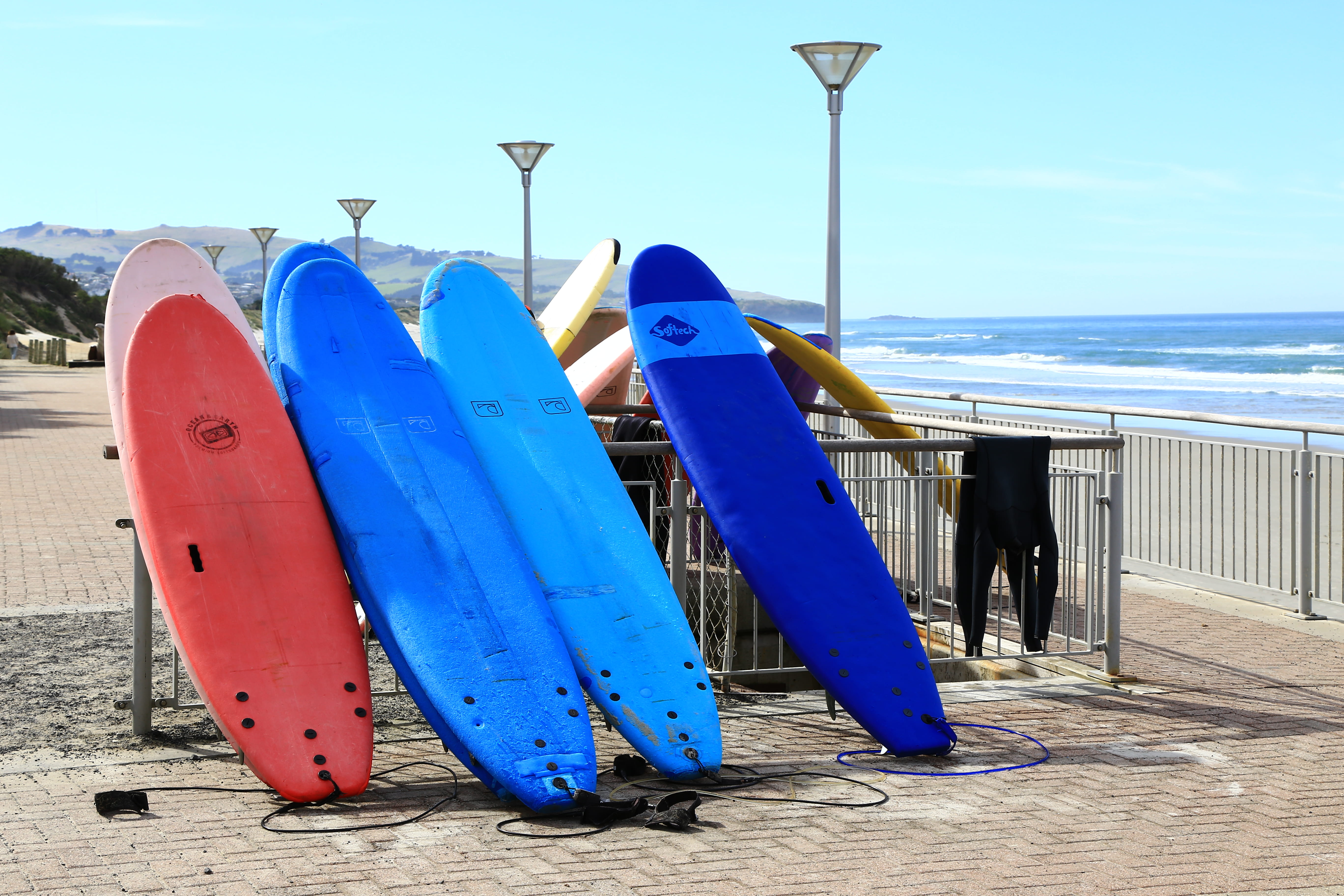 beach, land, nature, sky, beauty in nature, horizon over water, outdoors, leisure activity, rail, water, surfboards, sand, leaning, metal, horizon, assorted, HD Wallpaper