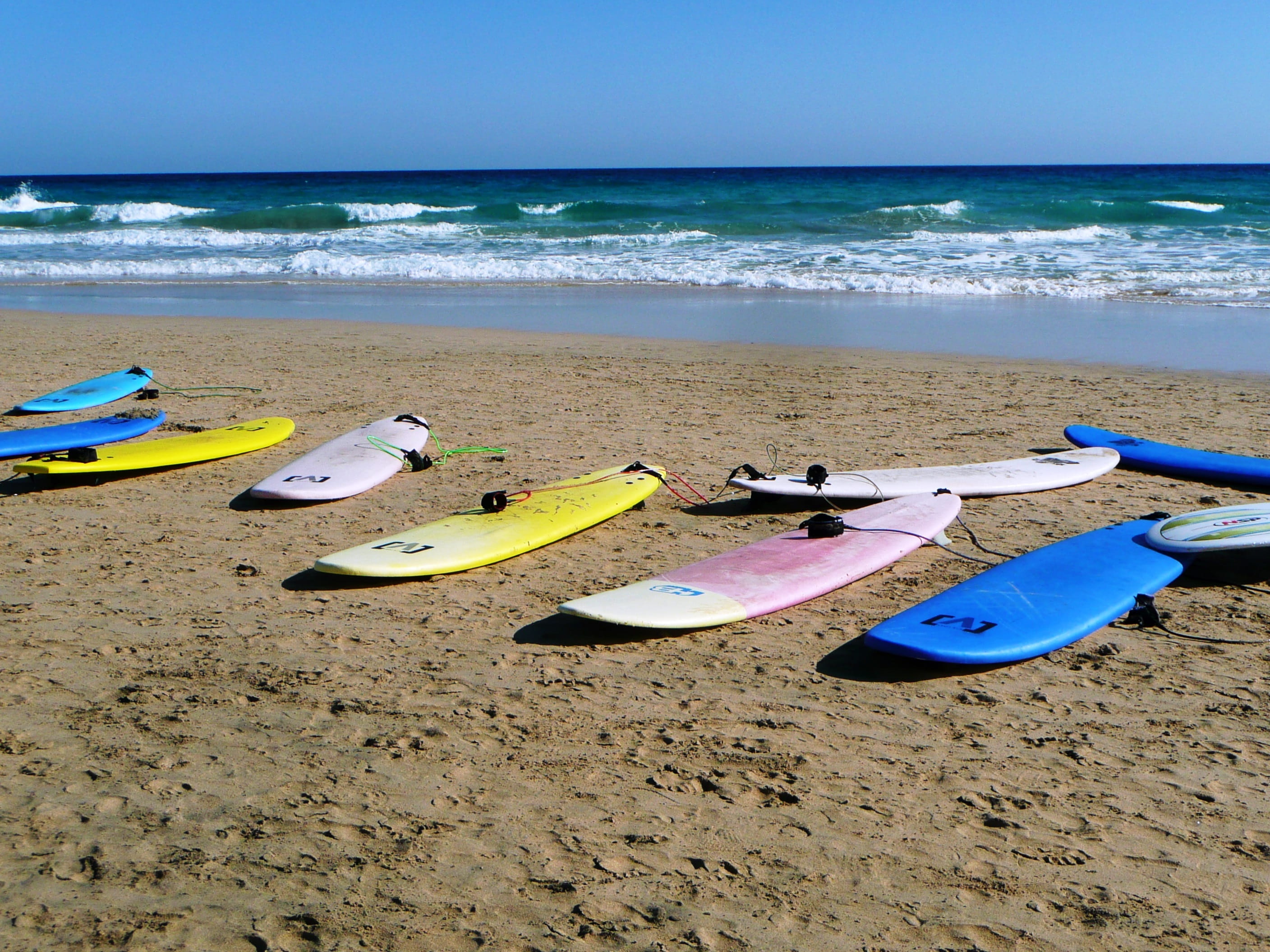 horizon over water, tranquility, holiday, day, sand, surfboard, Surfboards, sky, no people, water, horizon, scenics - nature, sport, shore, Beach, 2K, HD Wallpaper