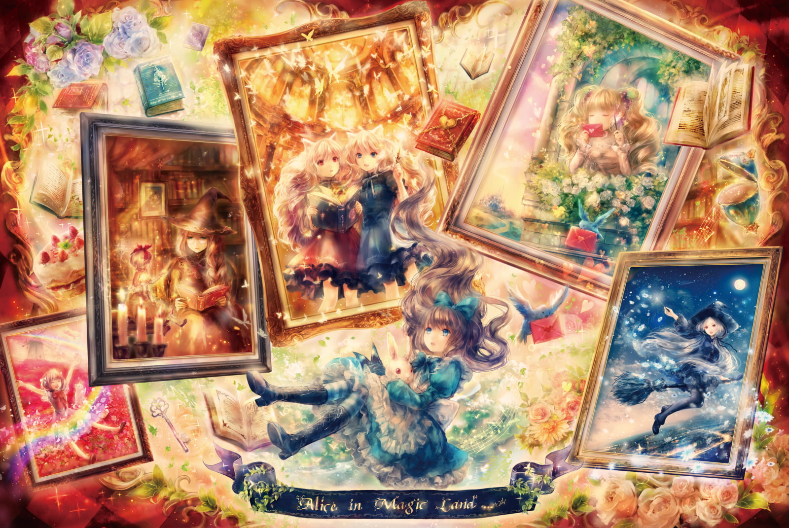 animal, alice, dress, original, eyes, flowers, hair, brown, 720P, bird, rabbit, wonderland, blue, book, ribbons, onineko, HD Wallpaper