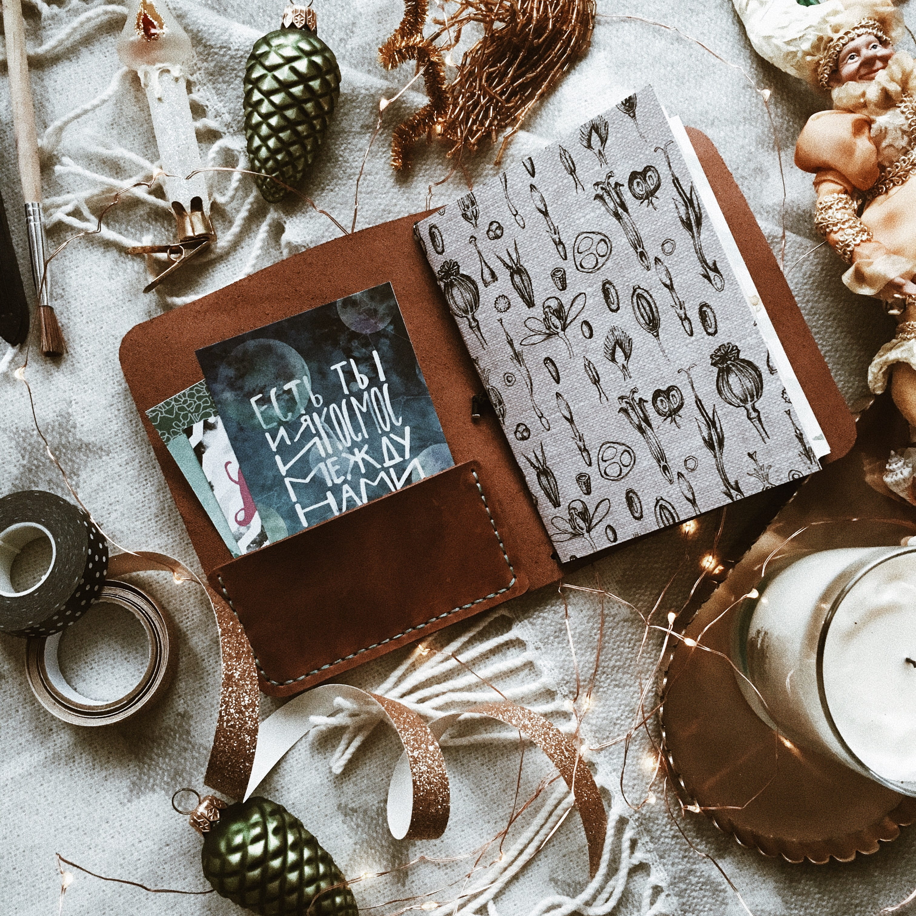 bauble, christmas, still life, metal, flatlay, text, brown, large group of objects, table, leather, album, christmas ornament, box, beside, box - container, Phone HD Wallpaper