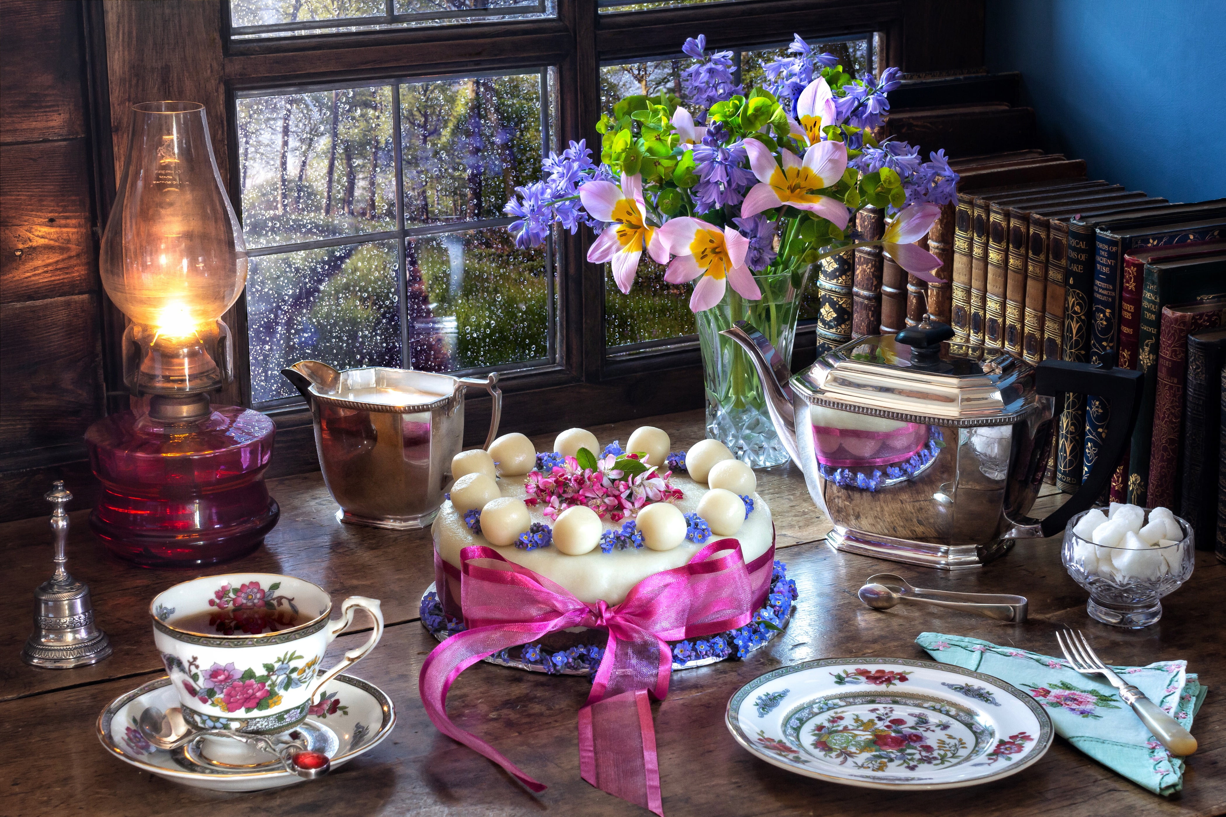Window, 4K, Vase, Pink Flower, Cup, Photography, Bell, Cake, Saucer, Flame, Still Life, Plate, Ribbon, Flower, Raindrops, Kettle, Lantern, Book, HD Wallpaper