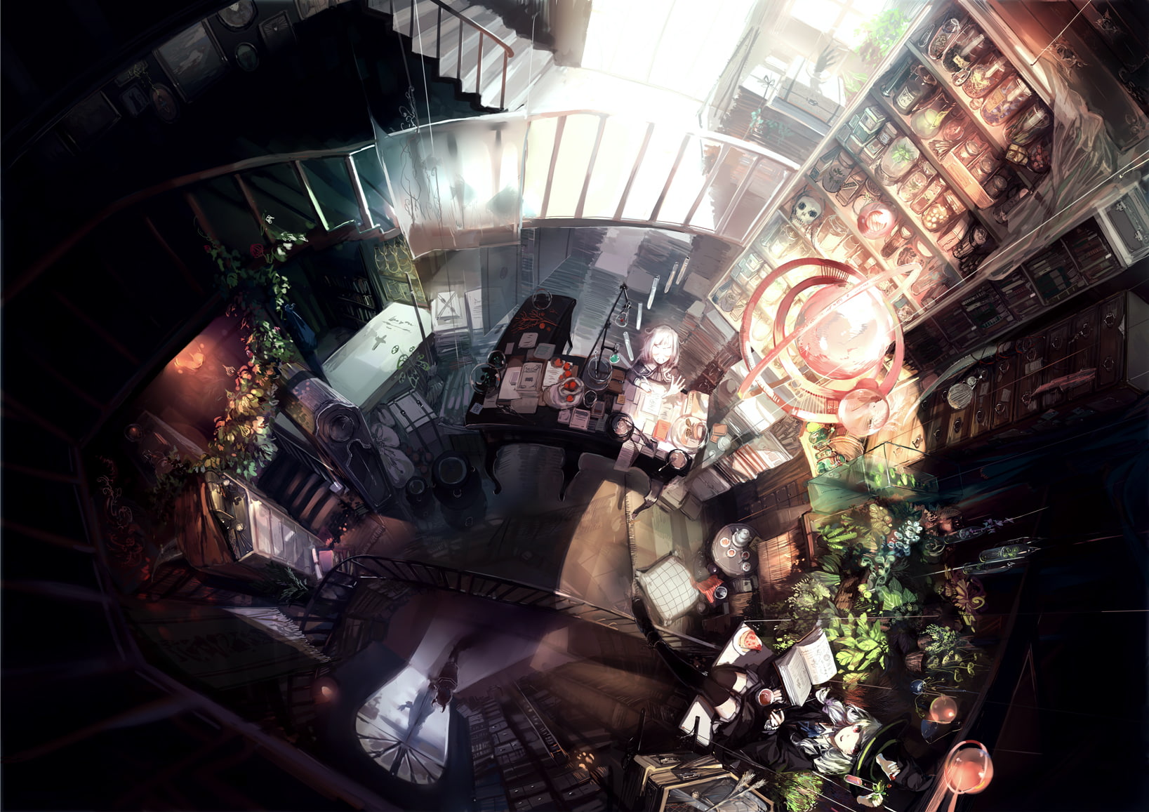 720P, ribbons, stockings, food, long, witch, hair, red, eyes, skull, skirt, scenic, horns, white, cake, original, seifuku, thighhighs, book, landscape, HD Wallpaper