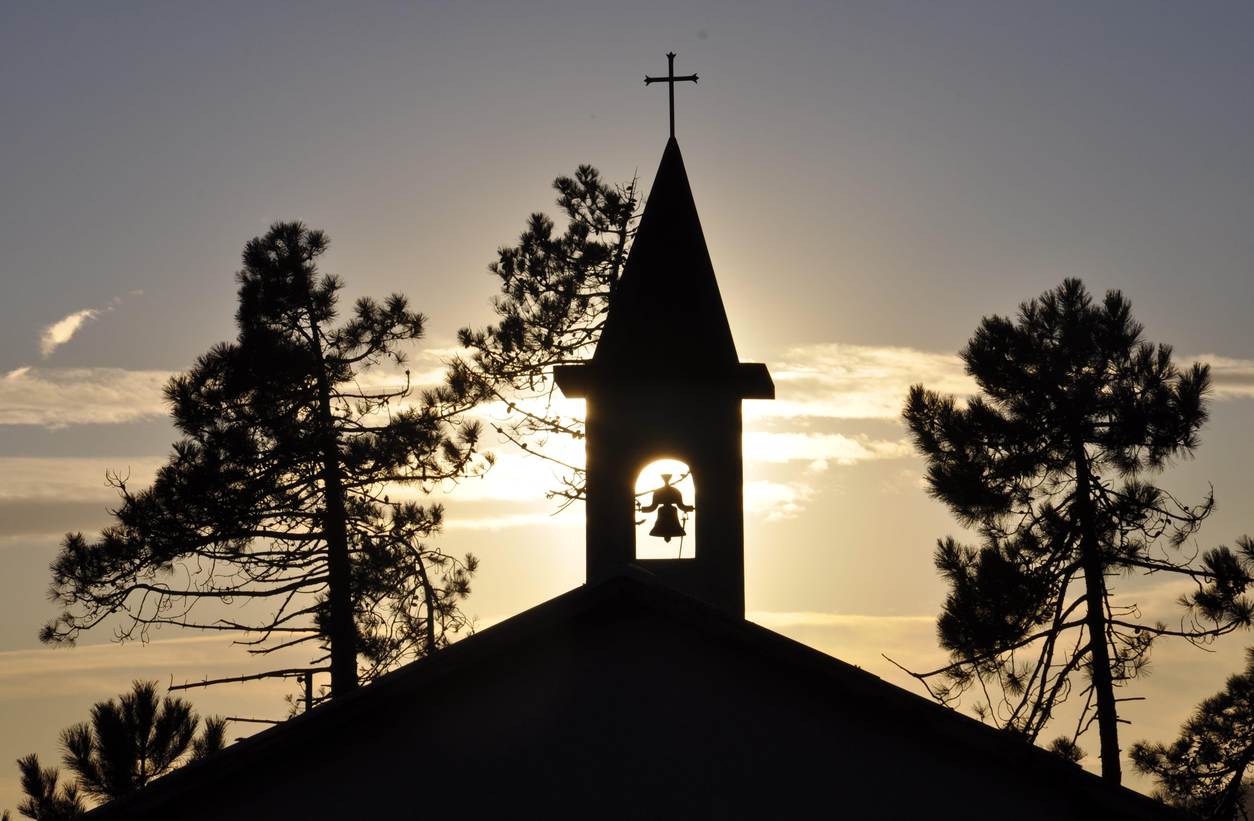 4K, building, sun, tree, tower, place of worship, plant, spirituality, silhouette, bell, architecture, belief, church, no people, cross, sunset, clapper, HD Wallpaper