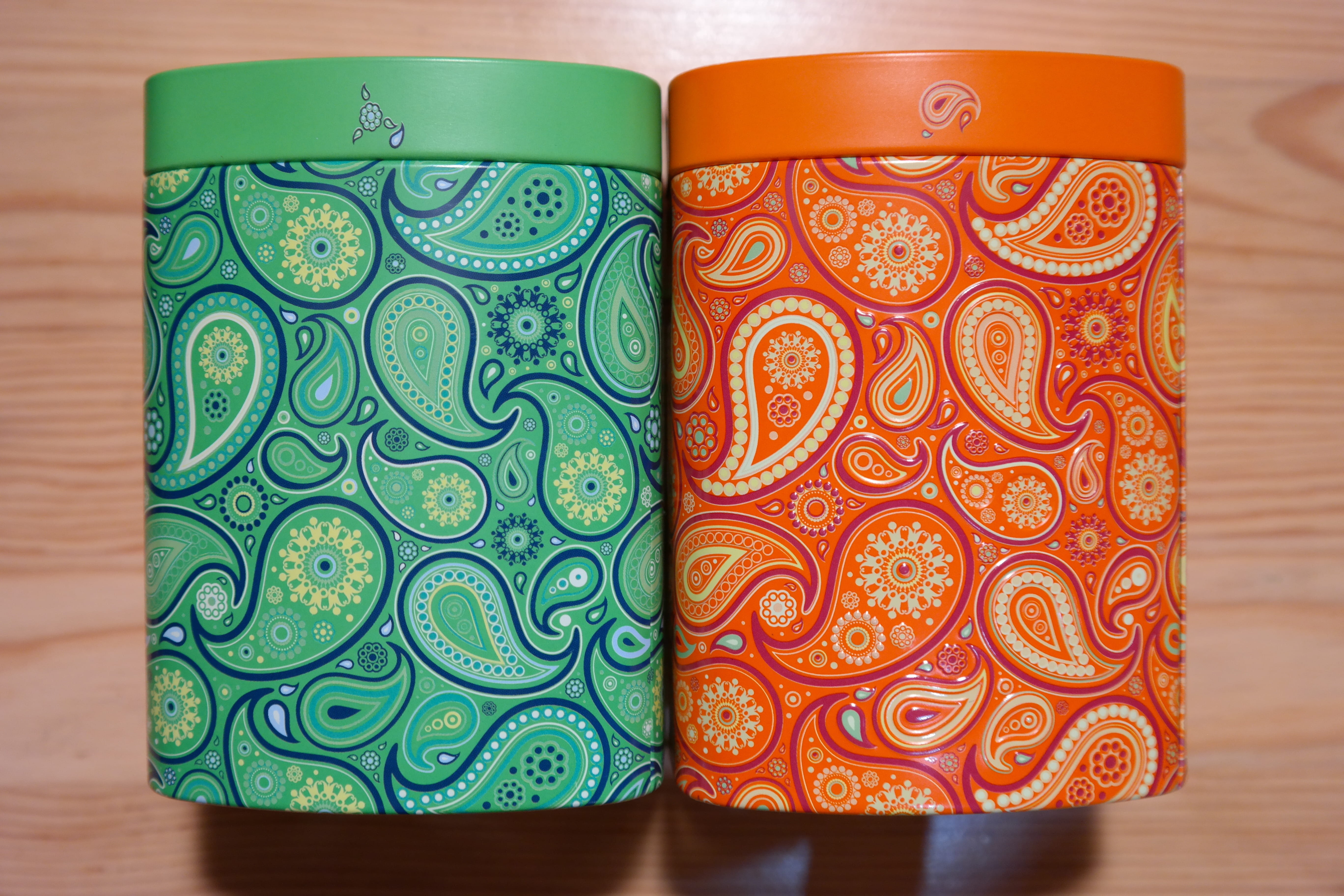 multi colored, container, Colorful, decoration, Color, wood - material, orange color, side by side, floral pattern, table, indoors, Tins, Tea, metal cans, HD Wallpaper